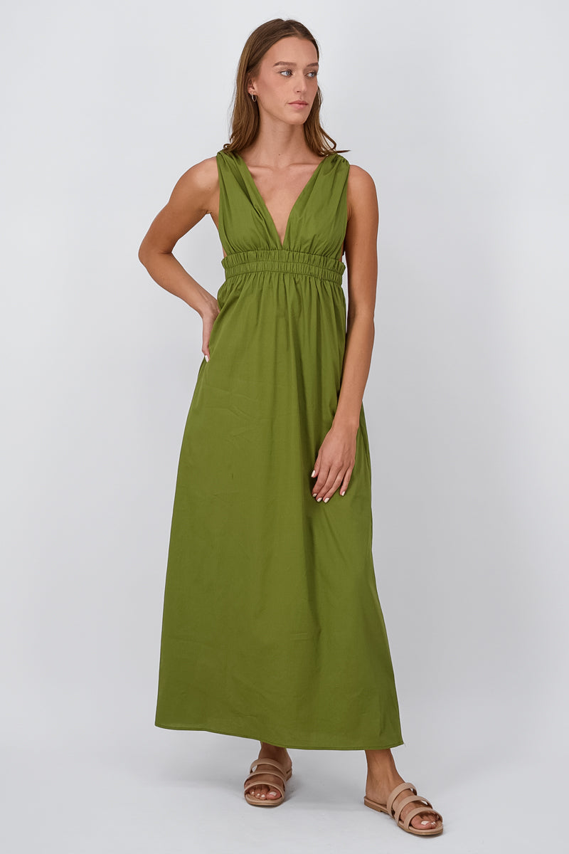 Maxi Vestido Popelina Escote Espalda OLIVO