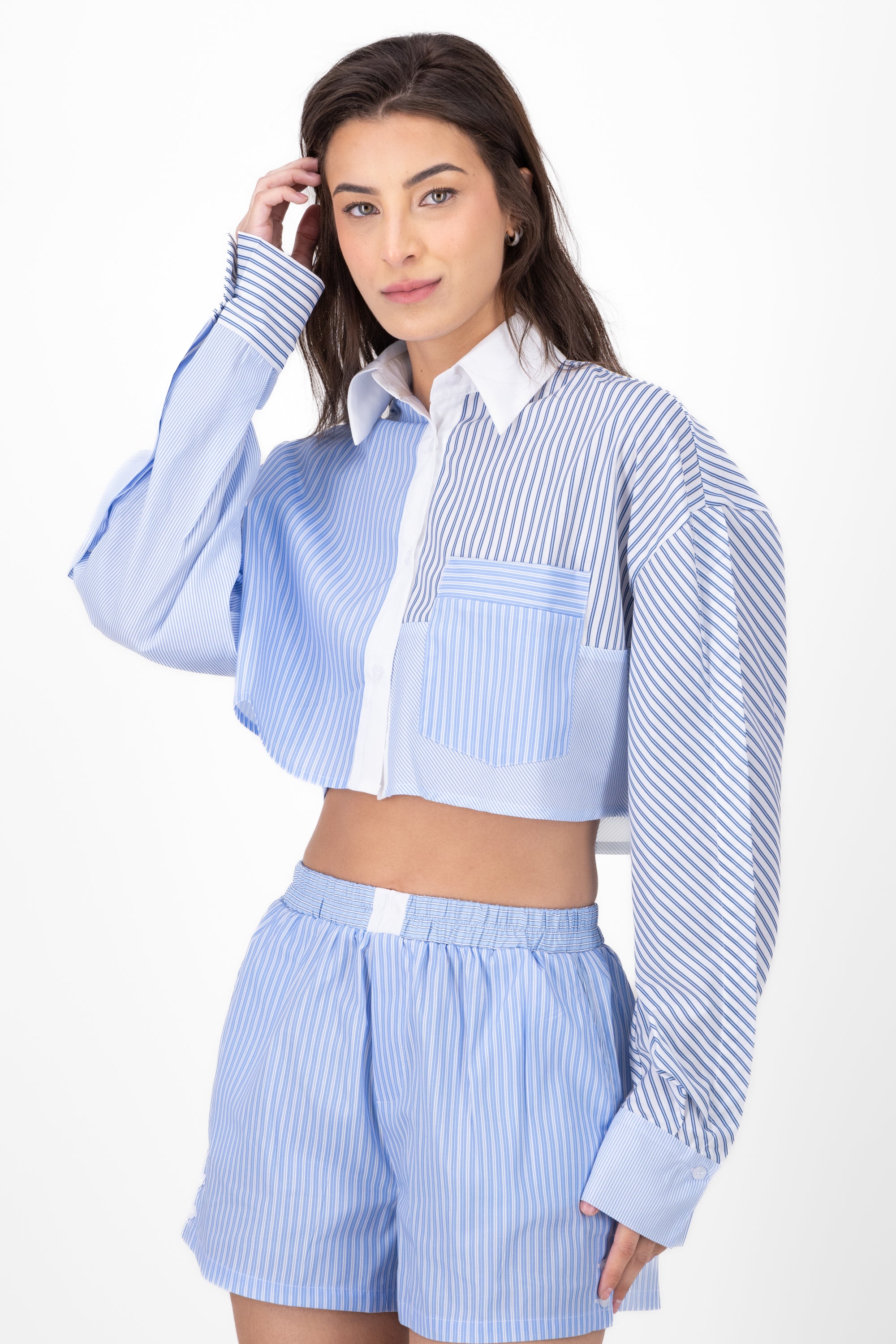 Camisa Crop Contraste Rayas AZUL