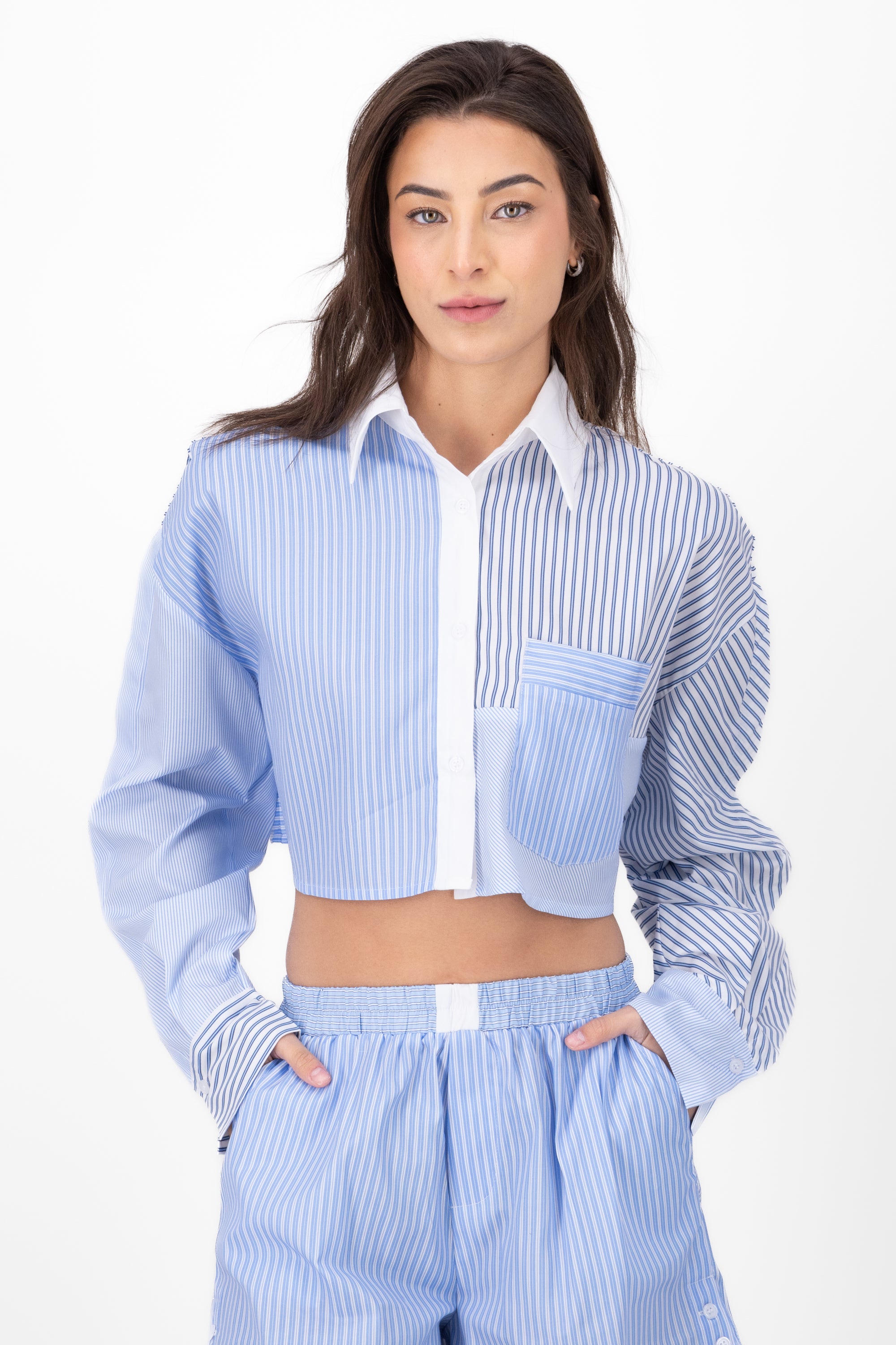 Camisa Crop Contraste Rayas AZUL