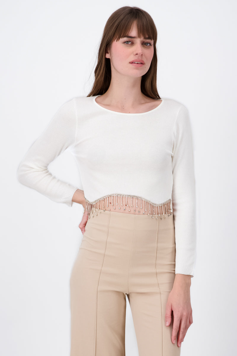 Top Manga Larga Cuello Redondo Detalle Brillos BLANCO