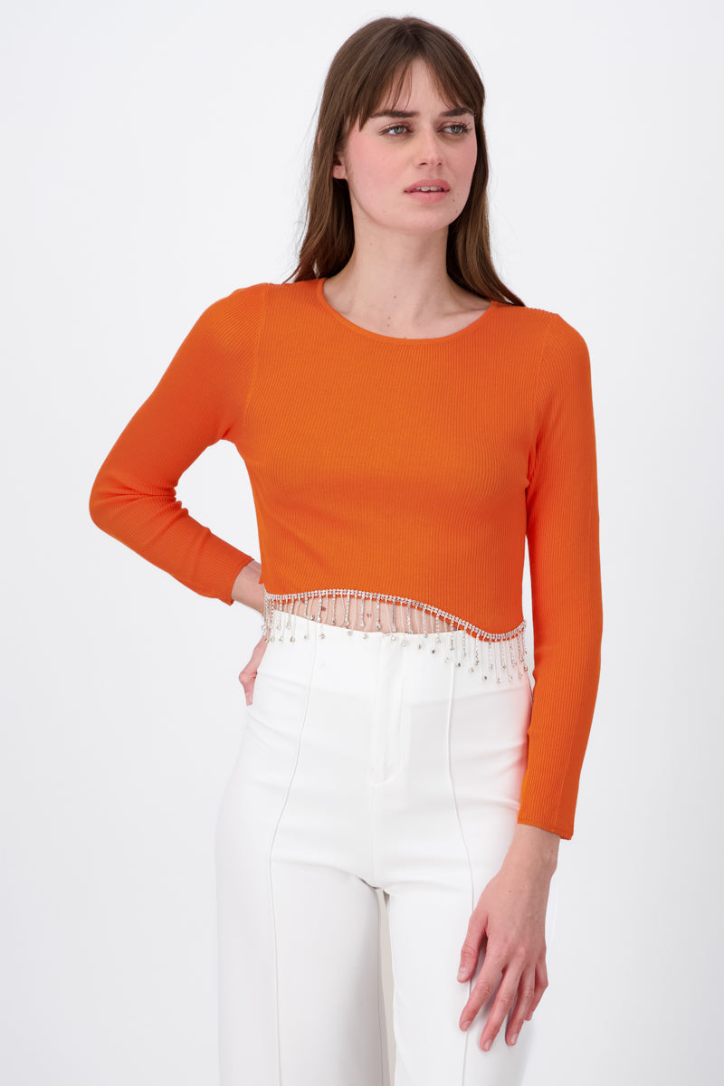 Top Manga Larga Cuello Redondo Detalle Brillos NARANJA