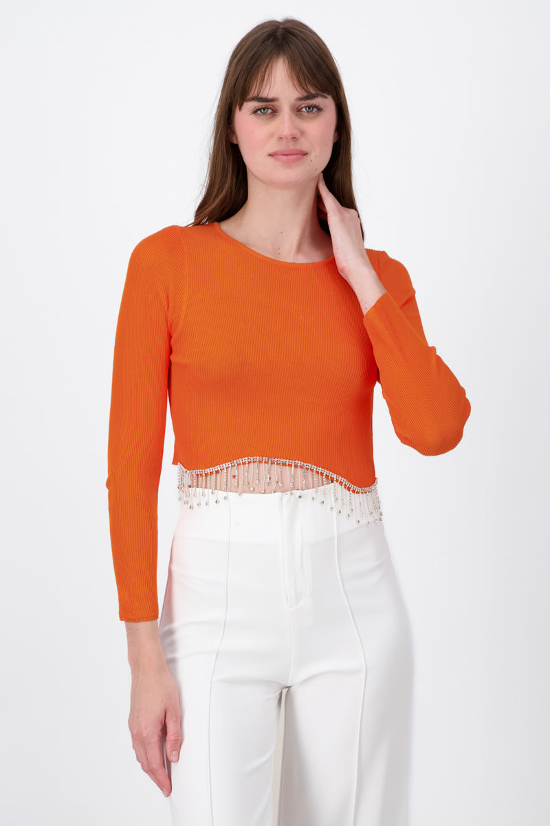 Top Manga Larga Cuello Redondo Detalle Brillos NARANJA