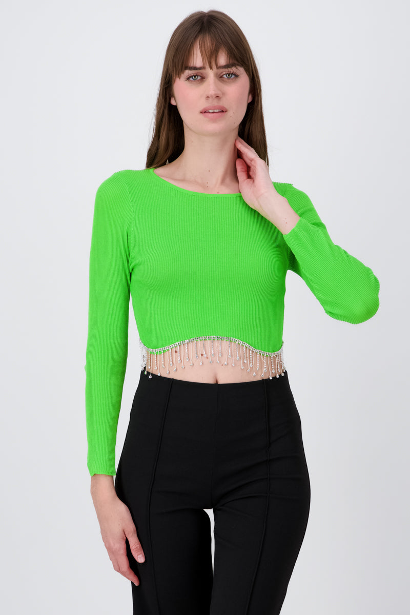 Top Manga Larga Cuello Redondo Detalle Brillos VERDE