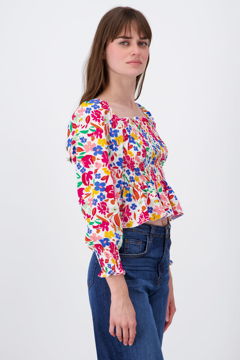 Blusa Manga Larga Abullonada Estampado Flores