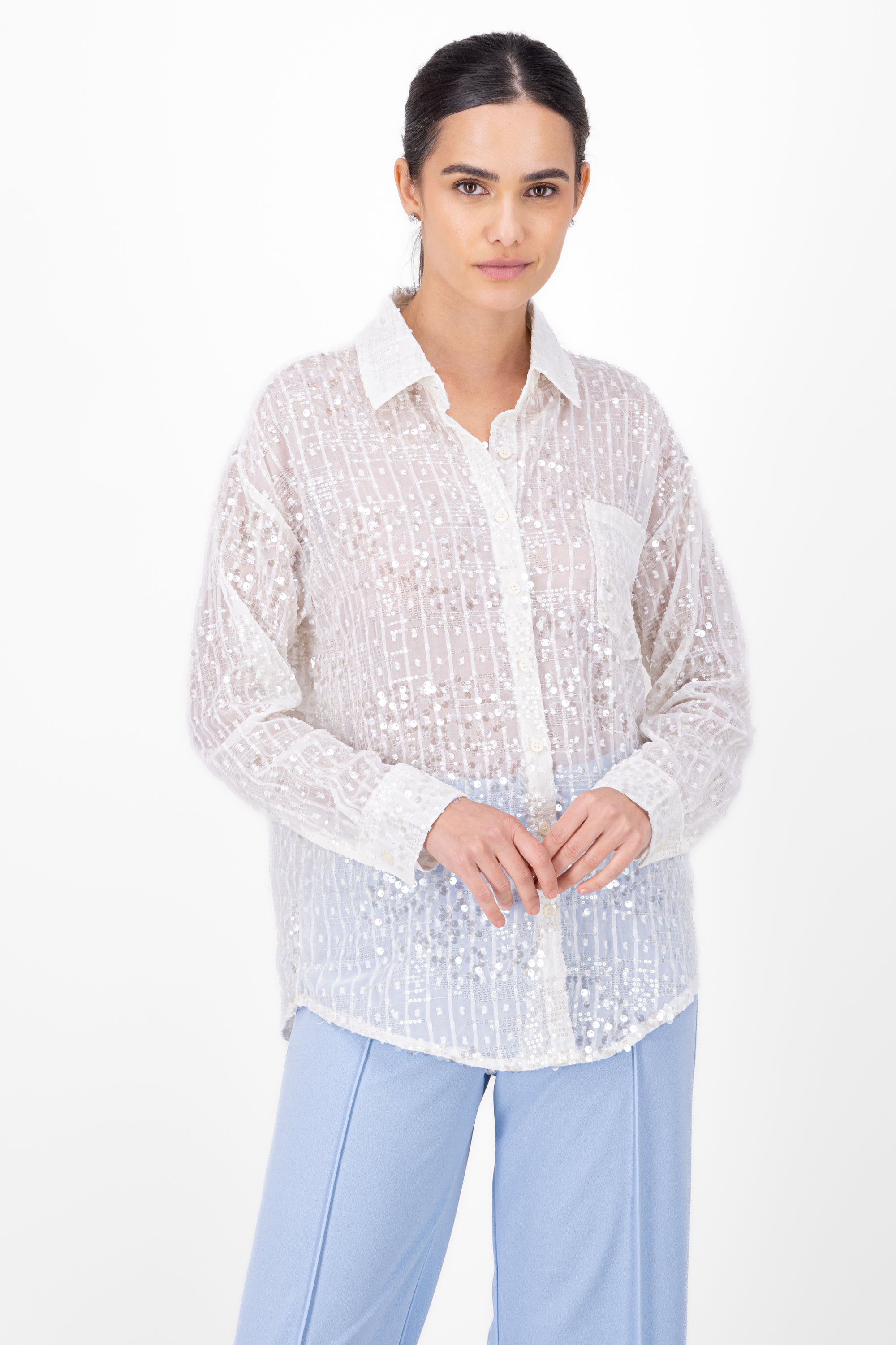 Camisa larga lentejuelas BEIGE