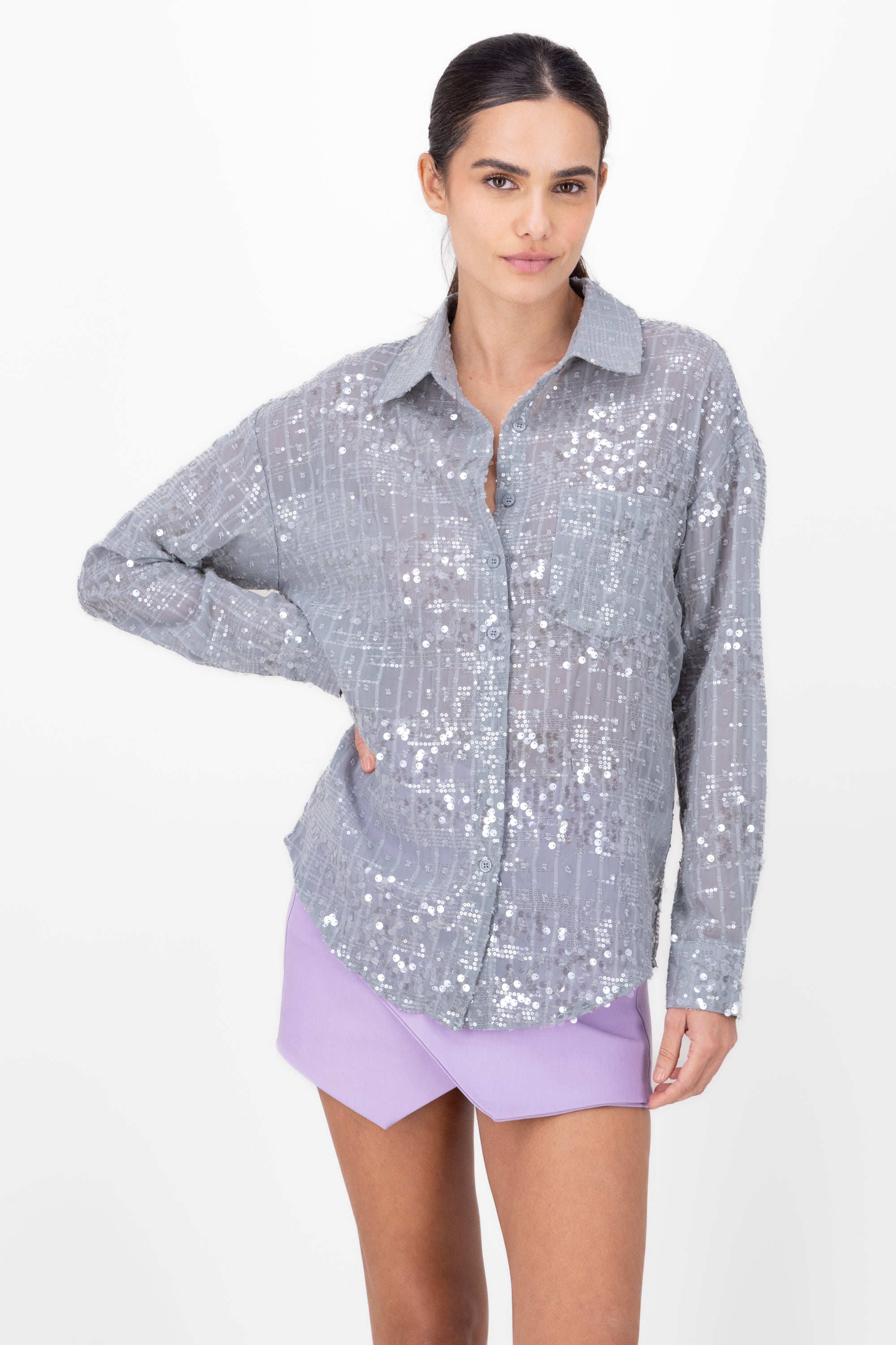 Camisa larga lentejuelas GRIS