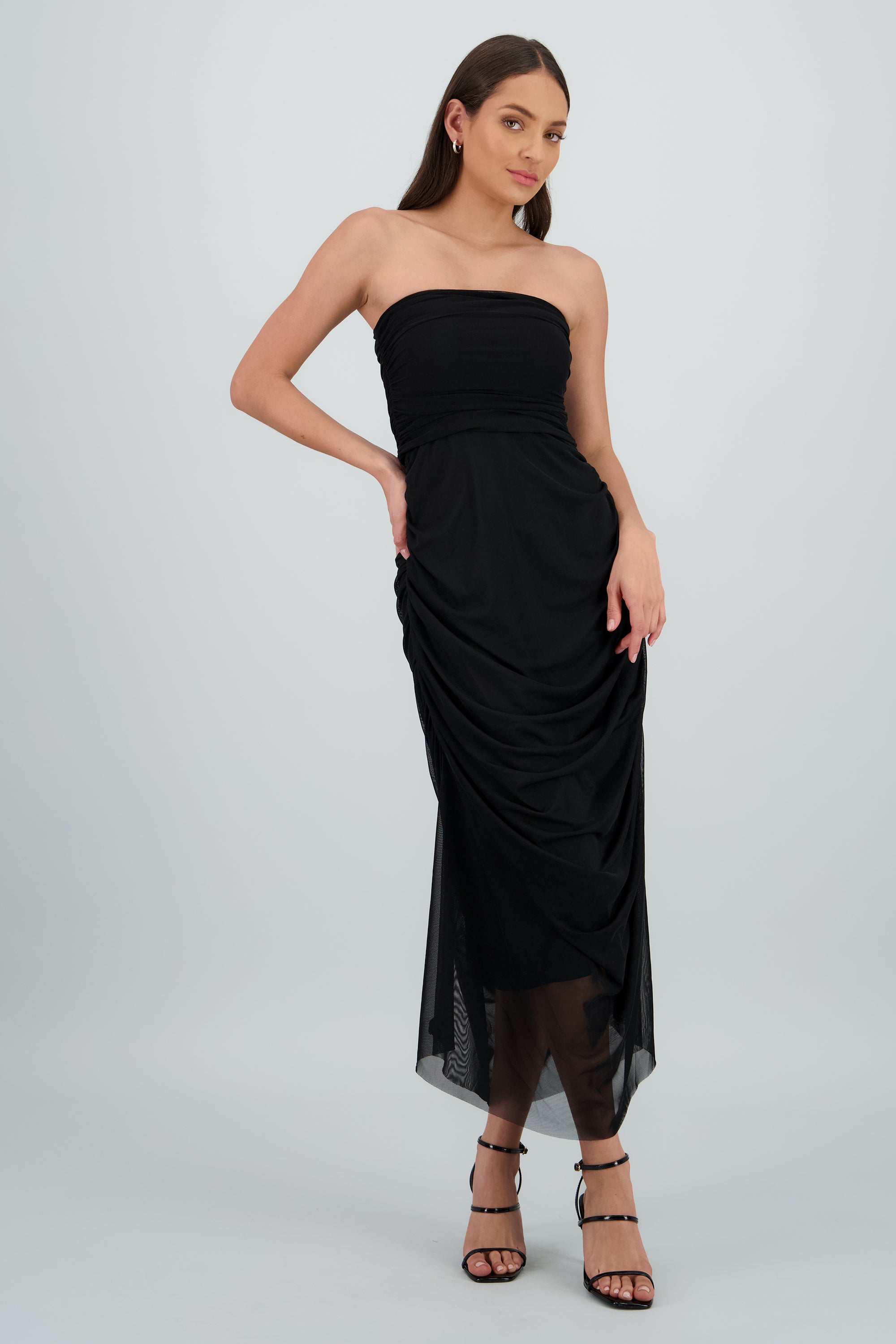 Maxi Vestido Liso Mesh Strapless NEGRO