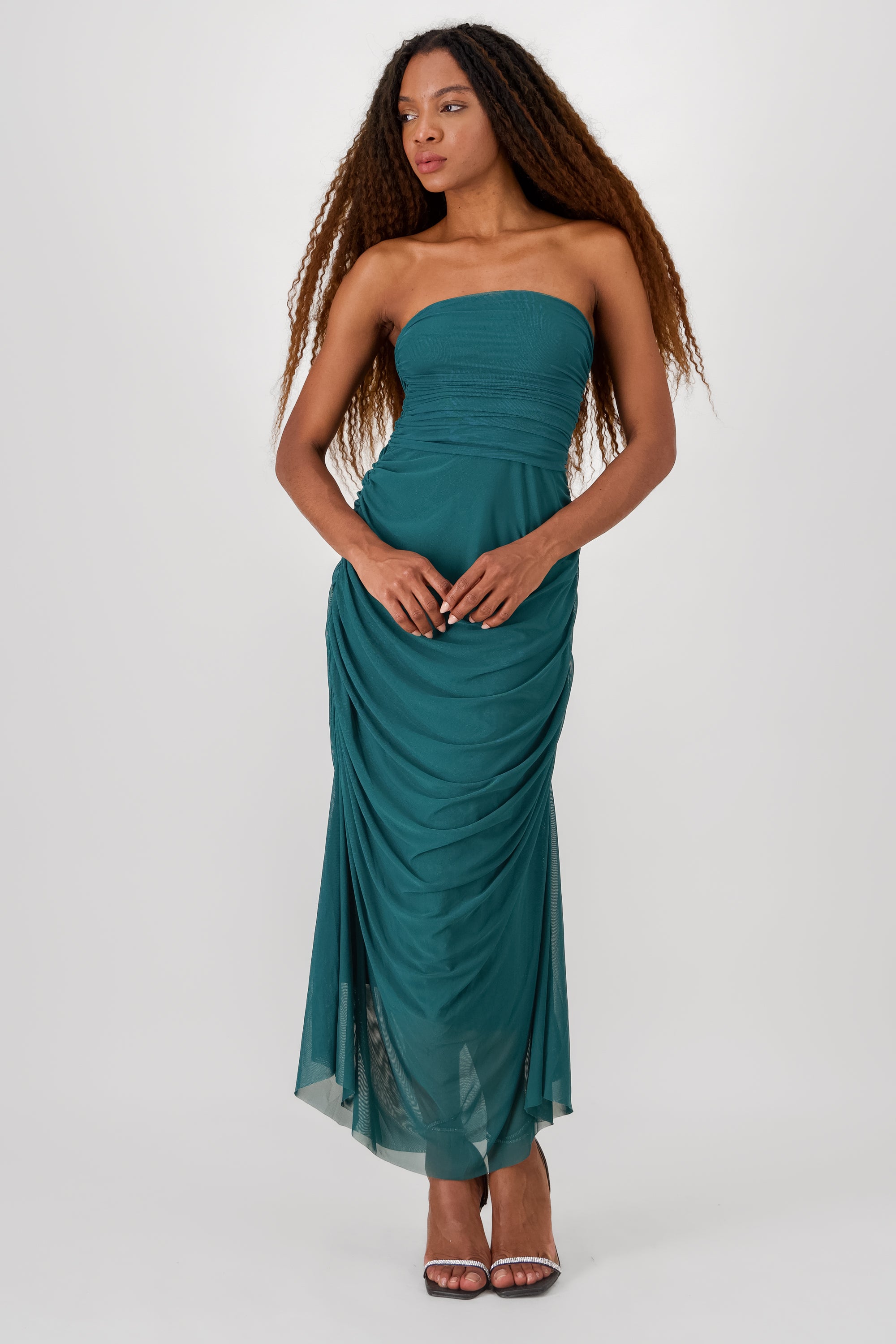 Maxi Vestido Liso Mesh Strapless VERDE BOTELLA