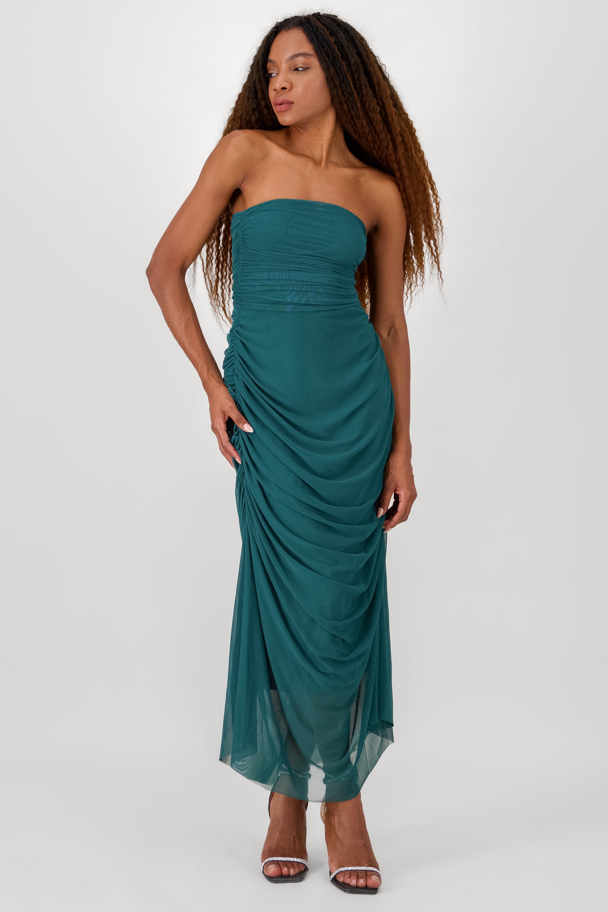 Maxi Vestido Liso Mesh Strapless VERDE BOTELLA