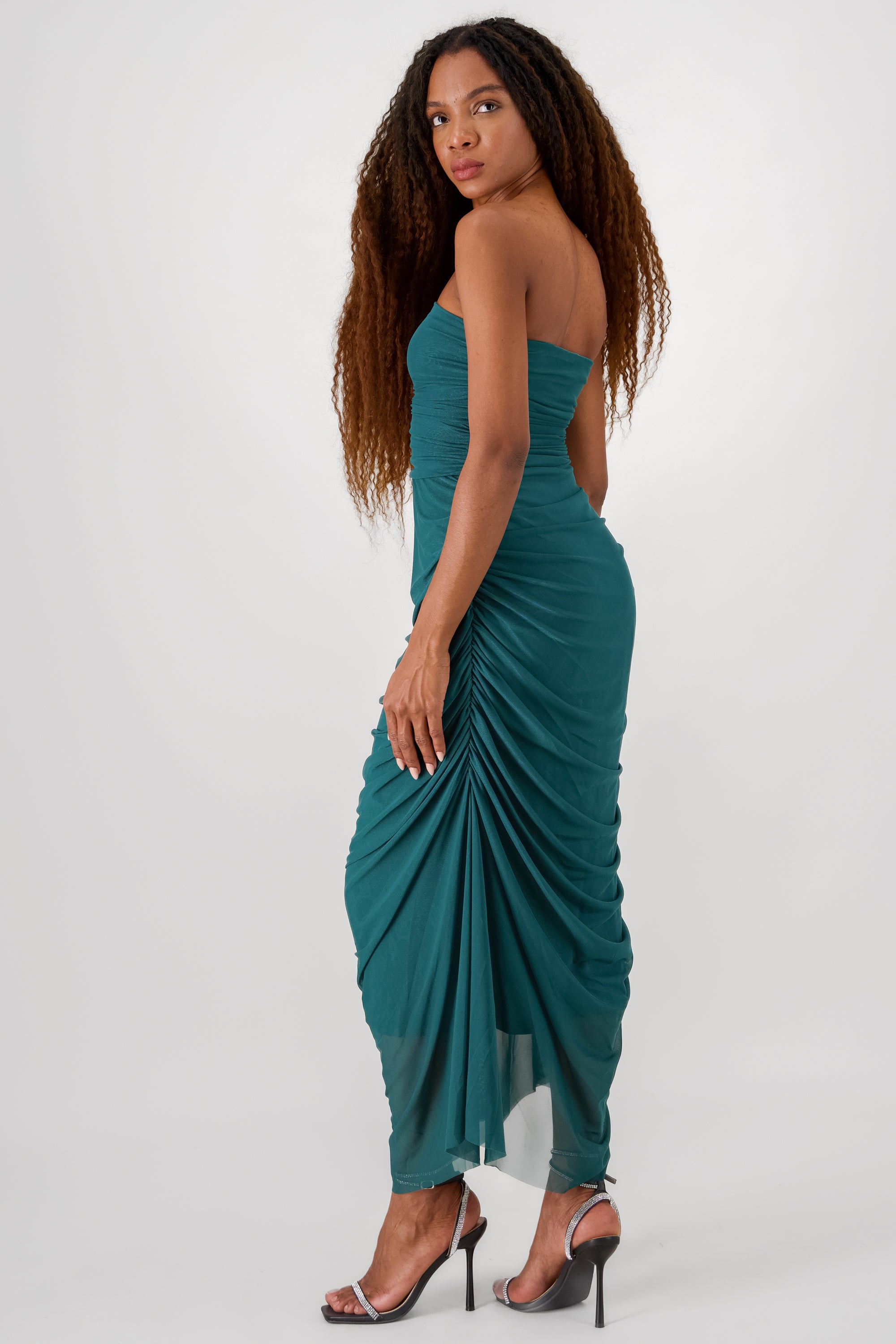 Maxi Vestido Liso Mesh Strapless VERDE BOTELLA