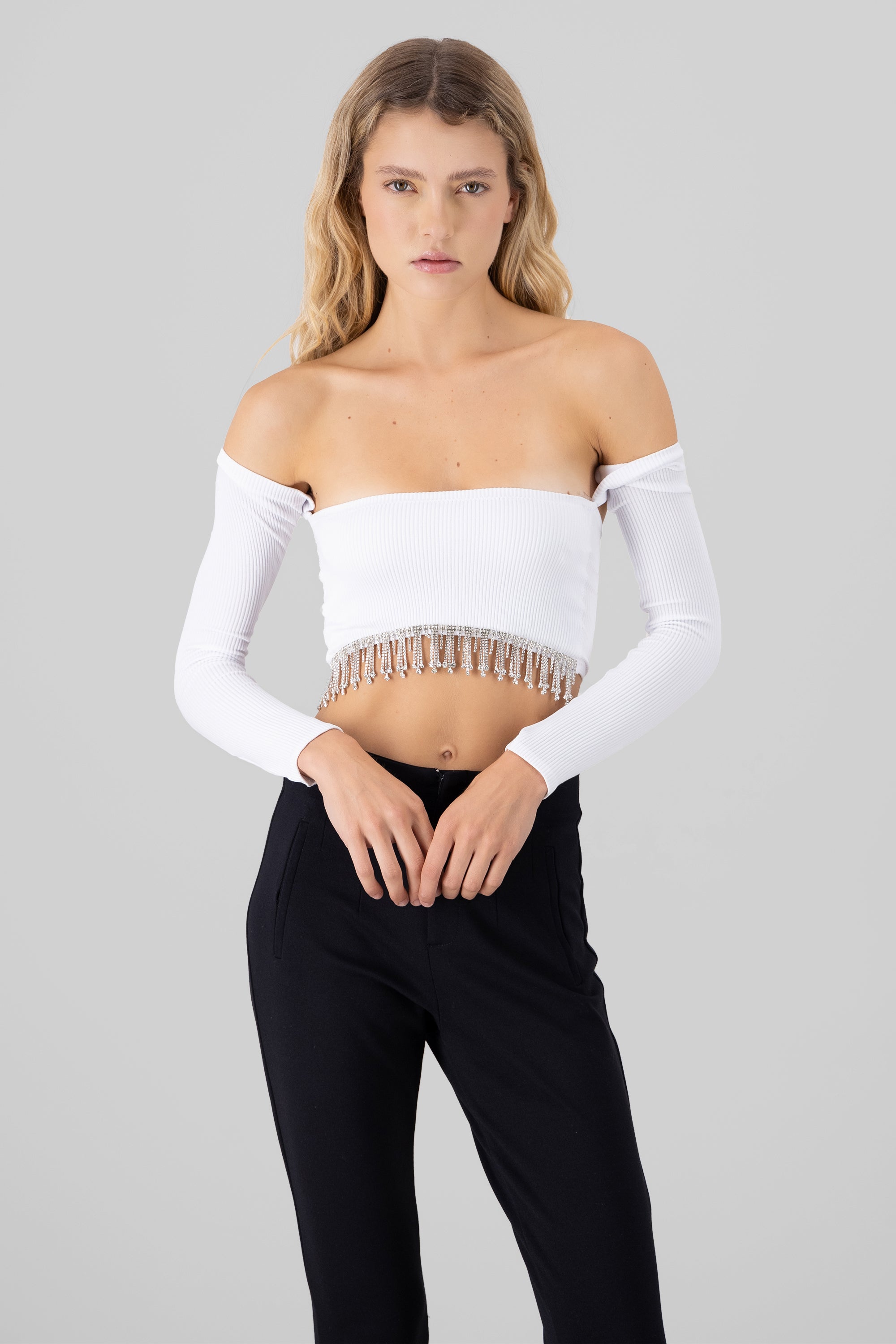 Top crop manga larga con brillos BLANCO