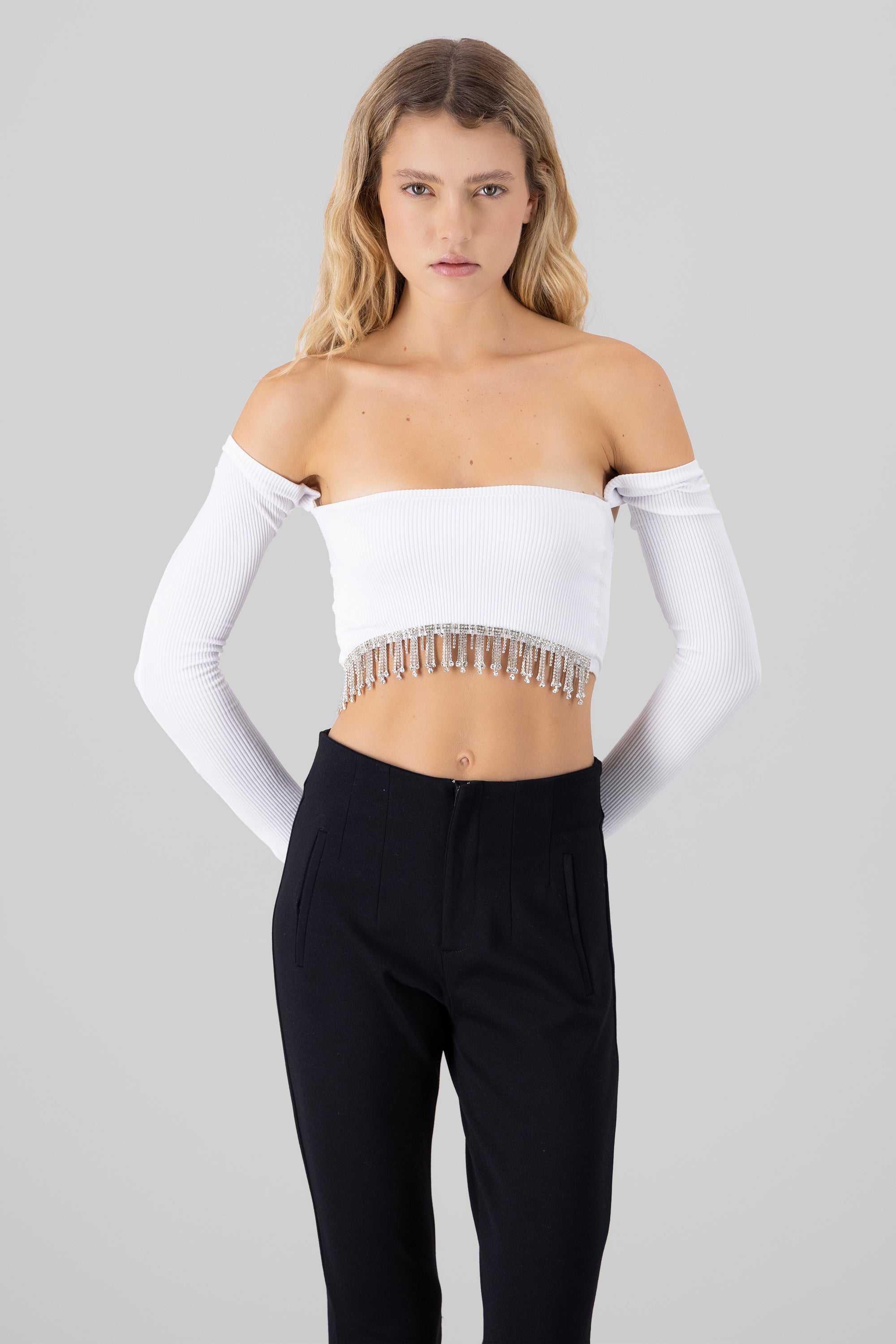 Top crop manga larga con brillos BLANCO