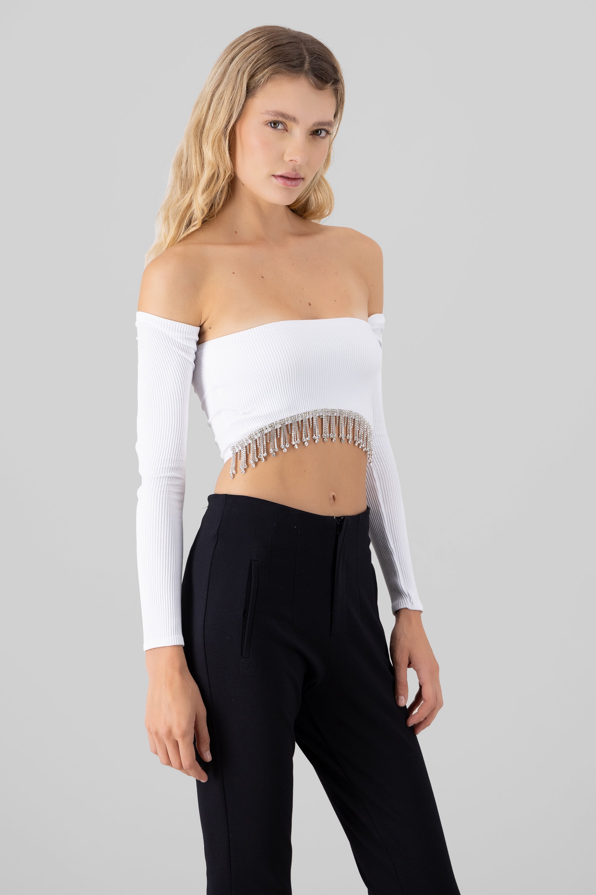 Top crop manga larga con brillos BLANCO