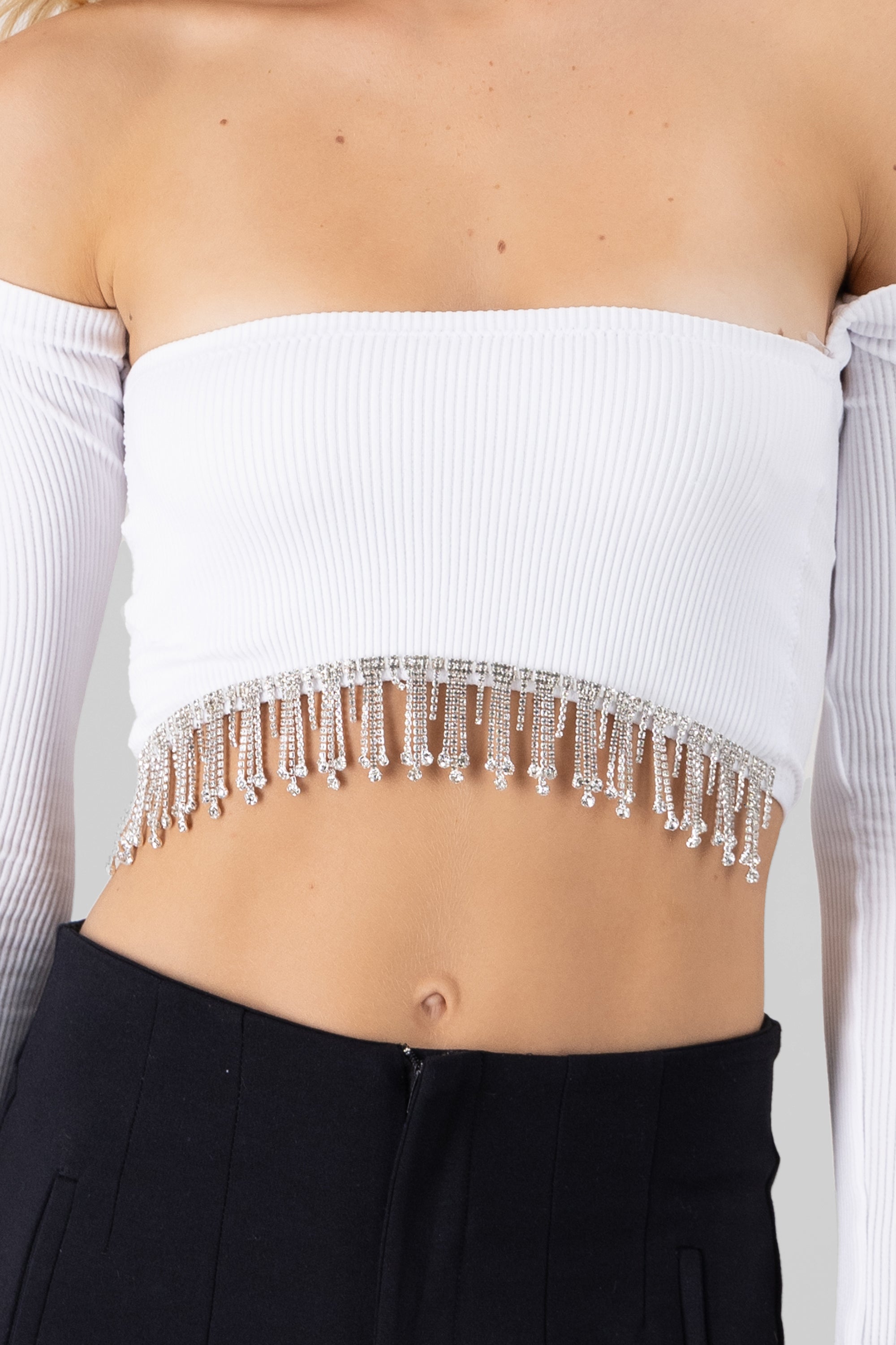 Top crop manga larga con brillos BLANCO