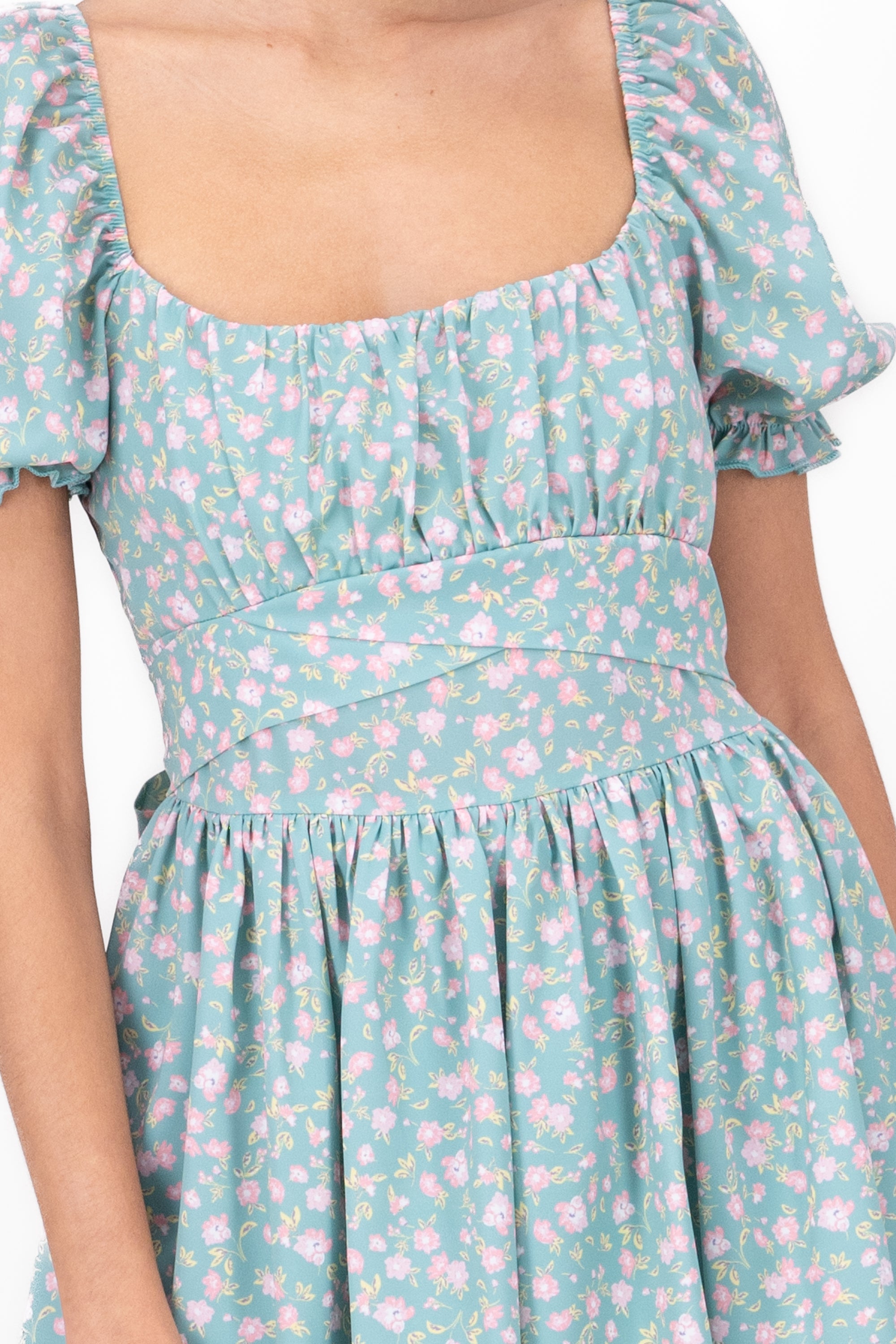 Vestido Mini Flores Manga Olanes SAGE