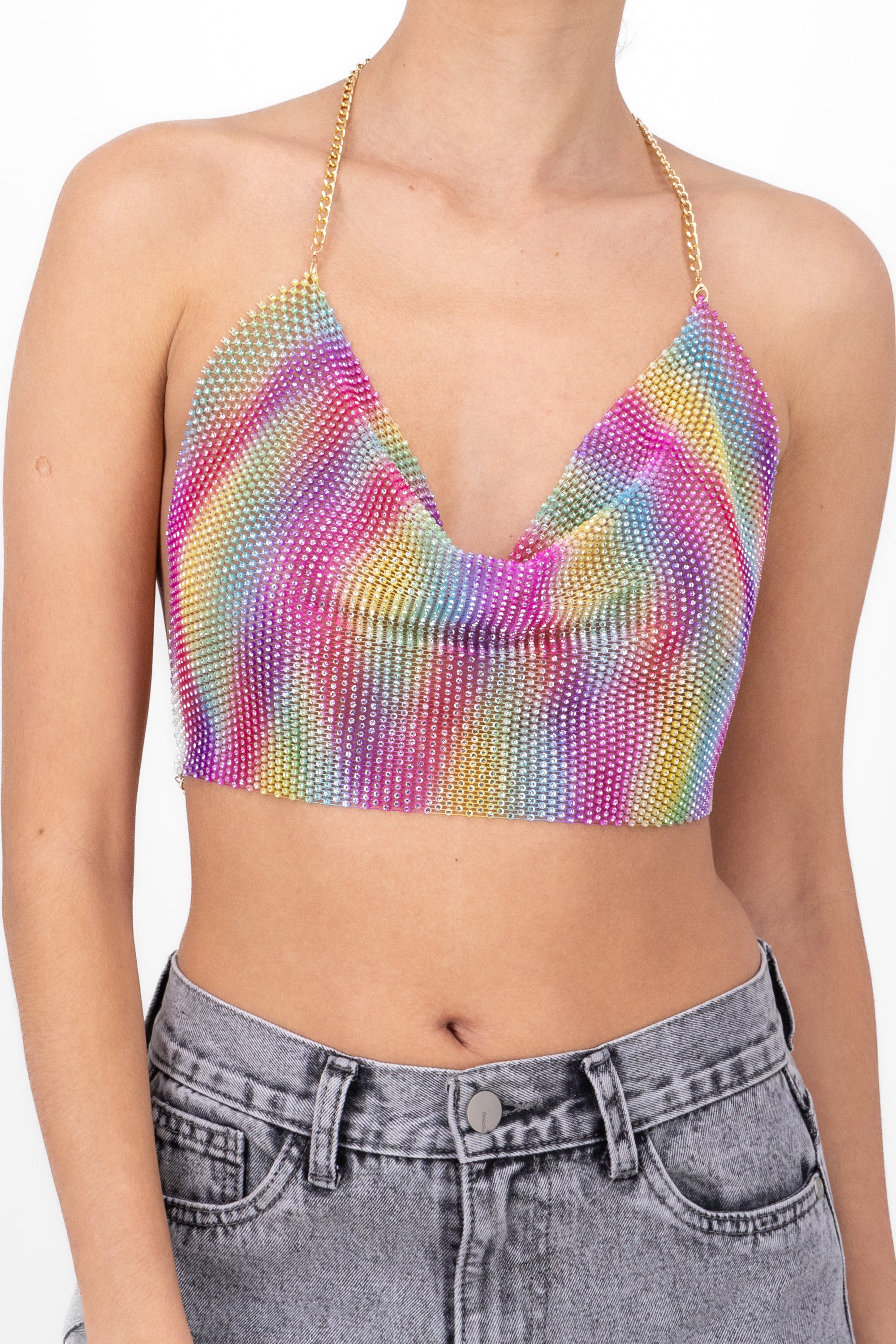 Top halter brillos cadena MULTICOLOR