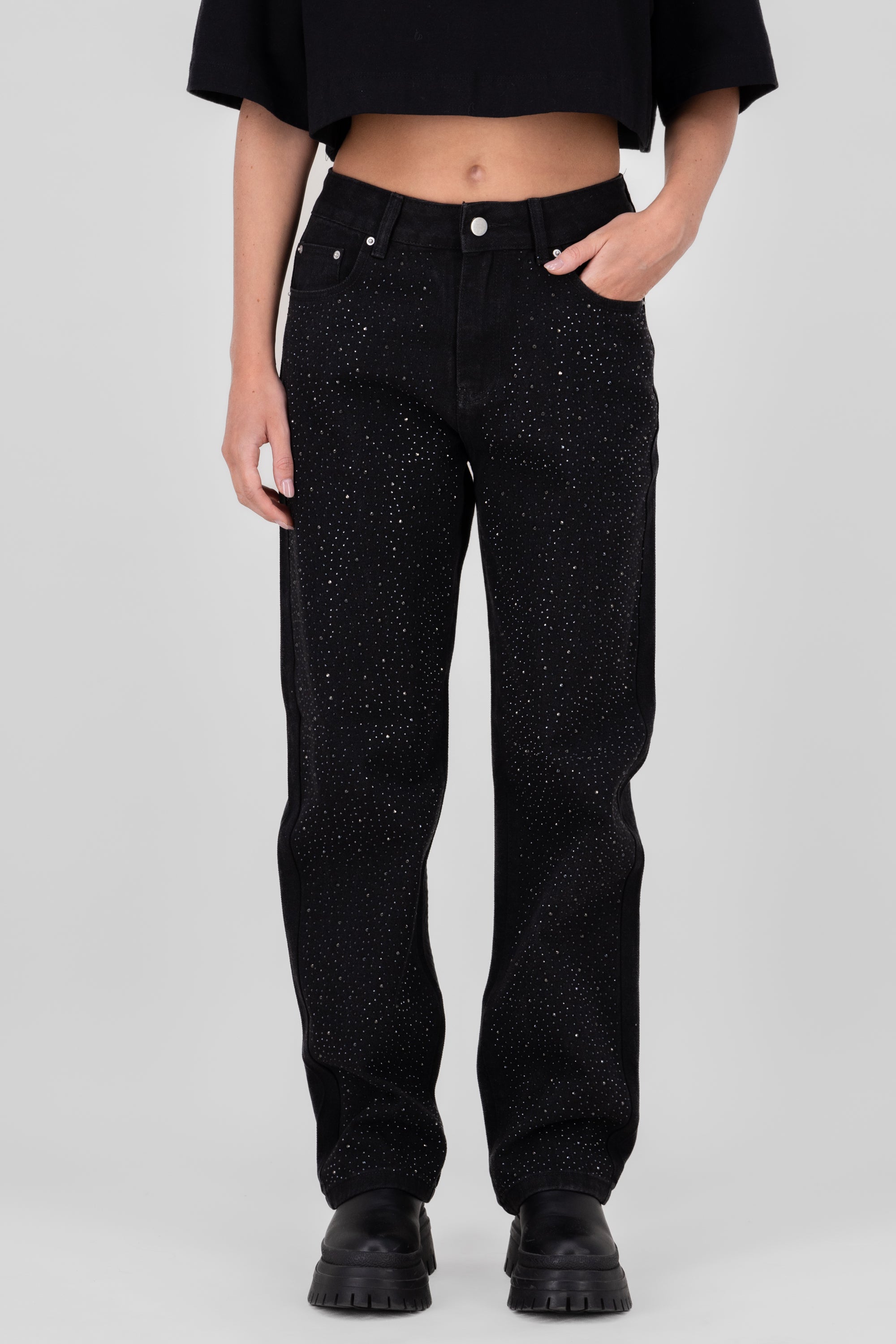 Jeasn straight rhinestones NEGRO