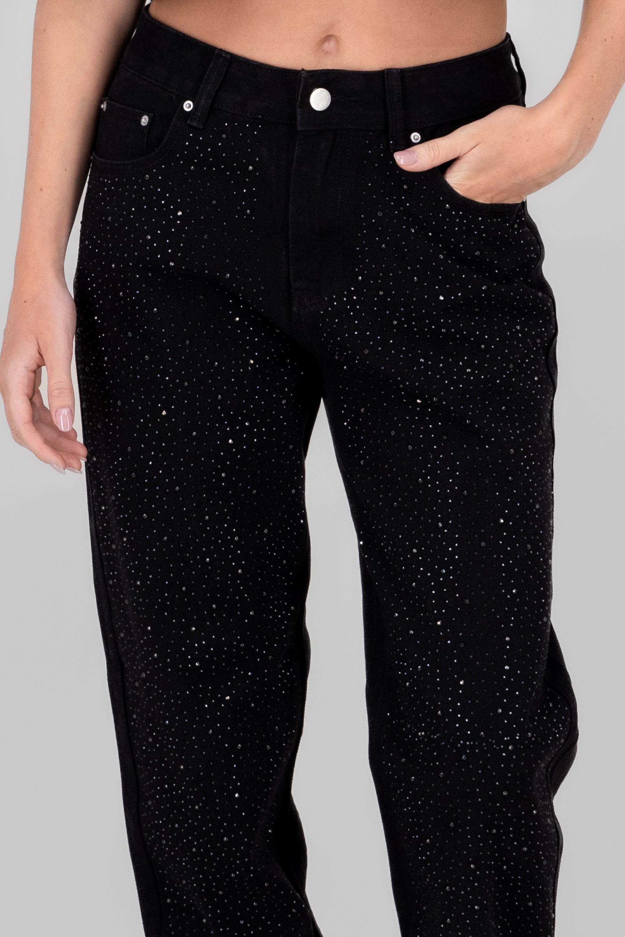 Jeasn straight rhinestones NEGRO