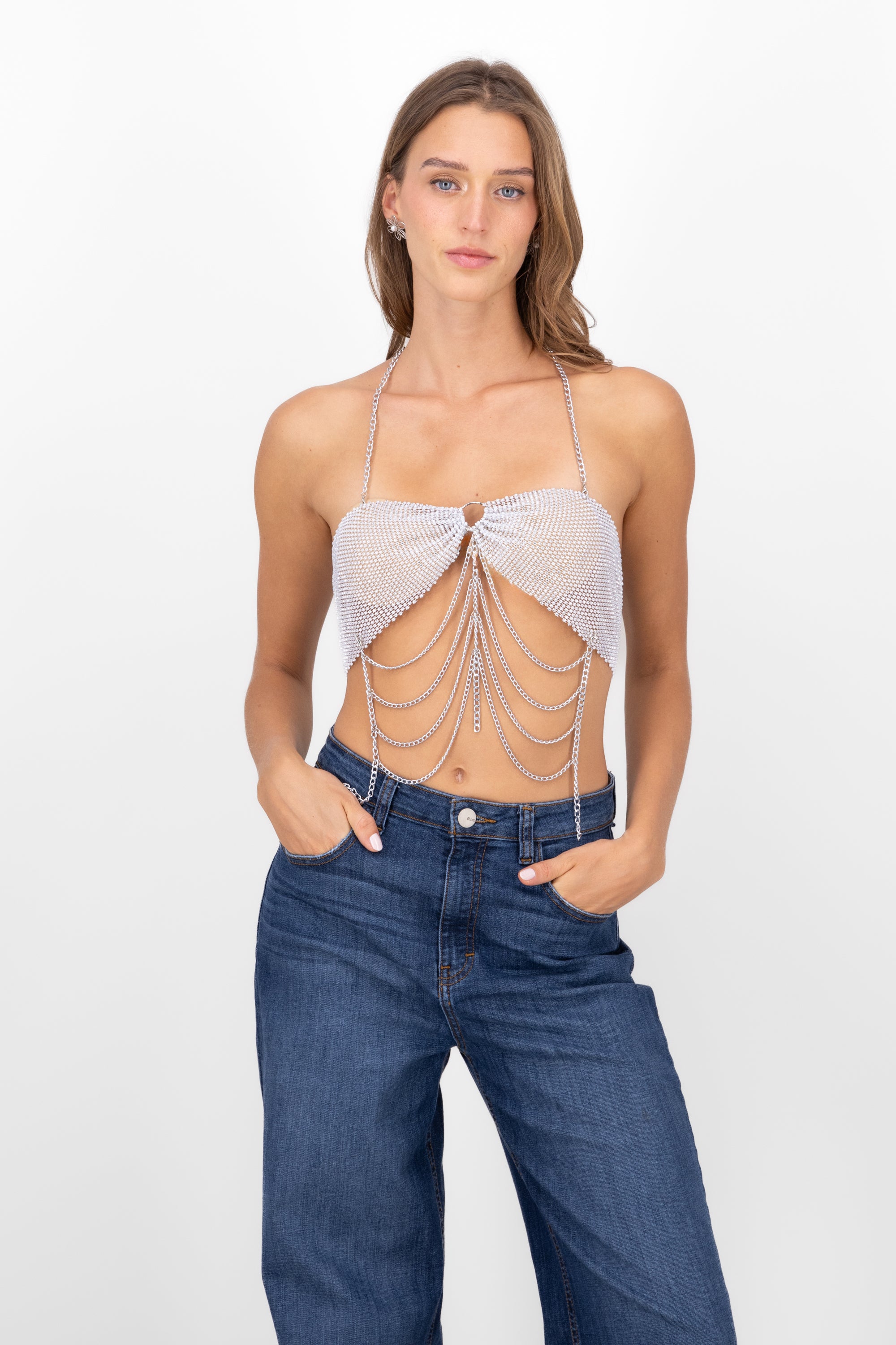 Top Halter Brillos Detalle Cadenas BLANCO