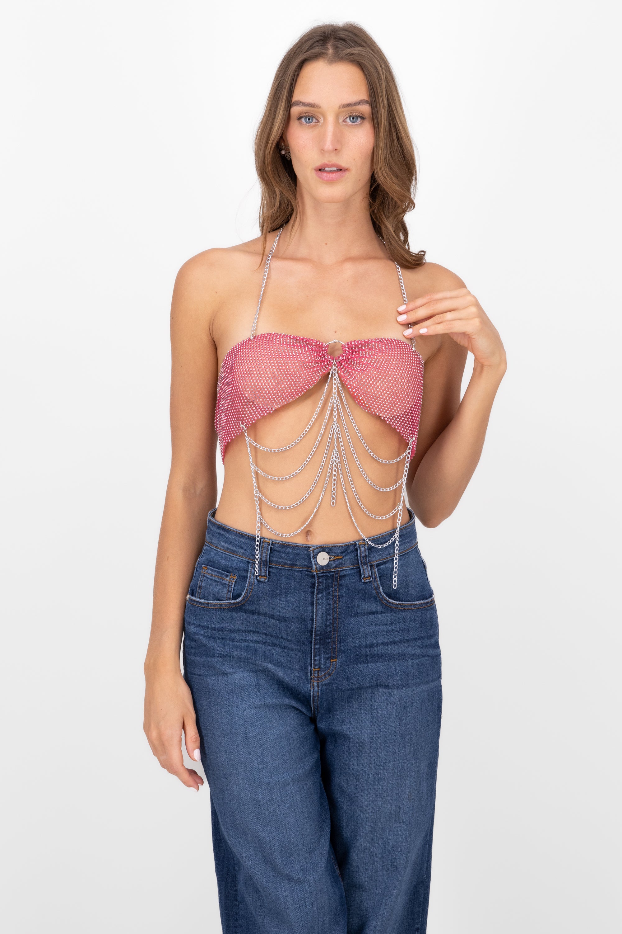 Top Halter Brillos Detalle Cadenas ROSA