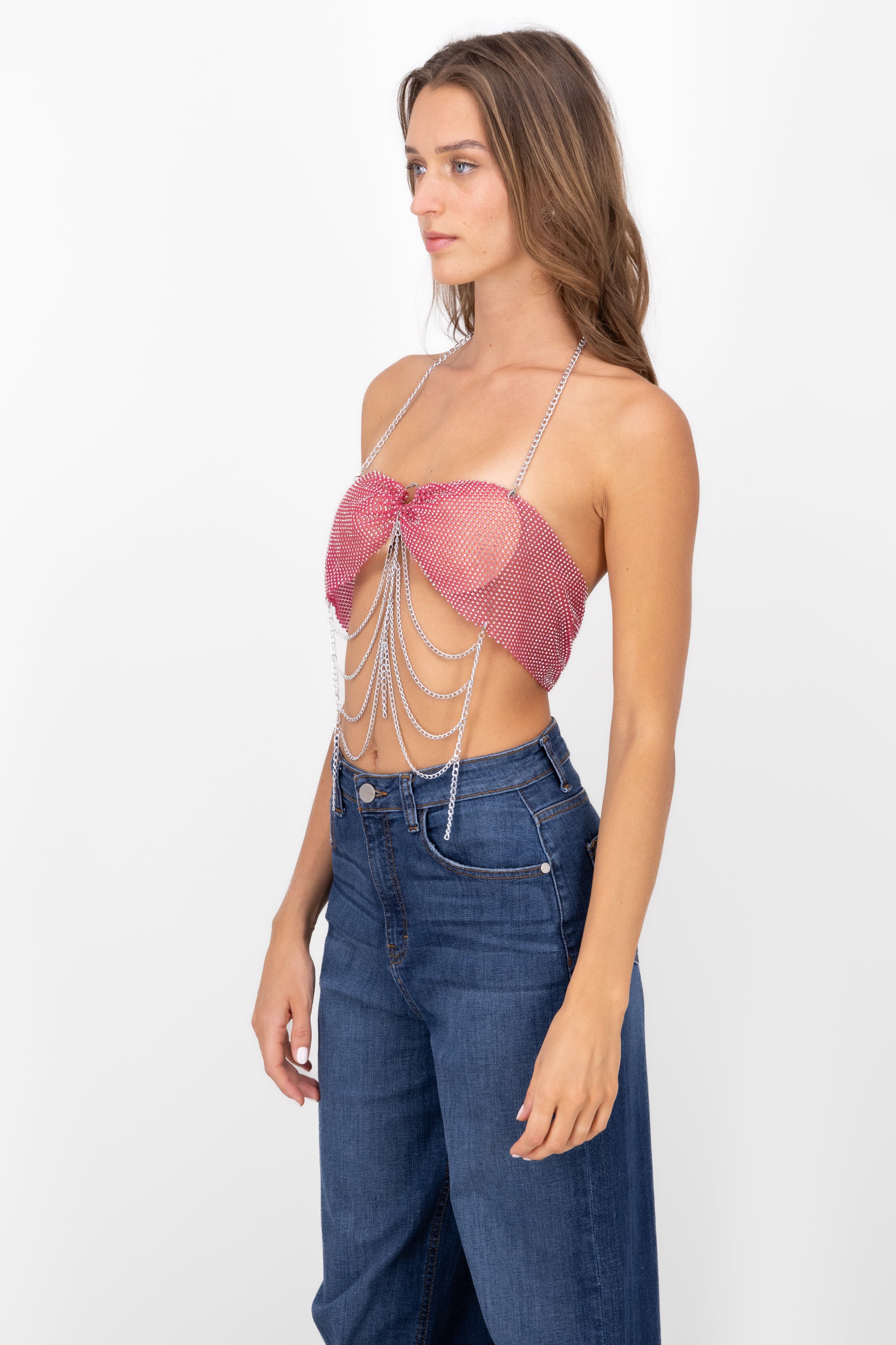 Top Halter Brillos Detalle Cadenas ROSA