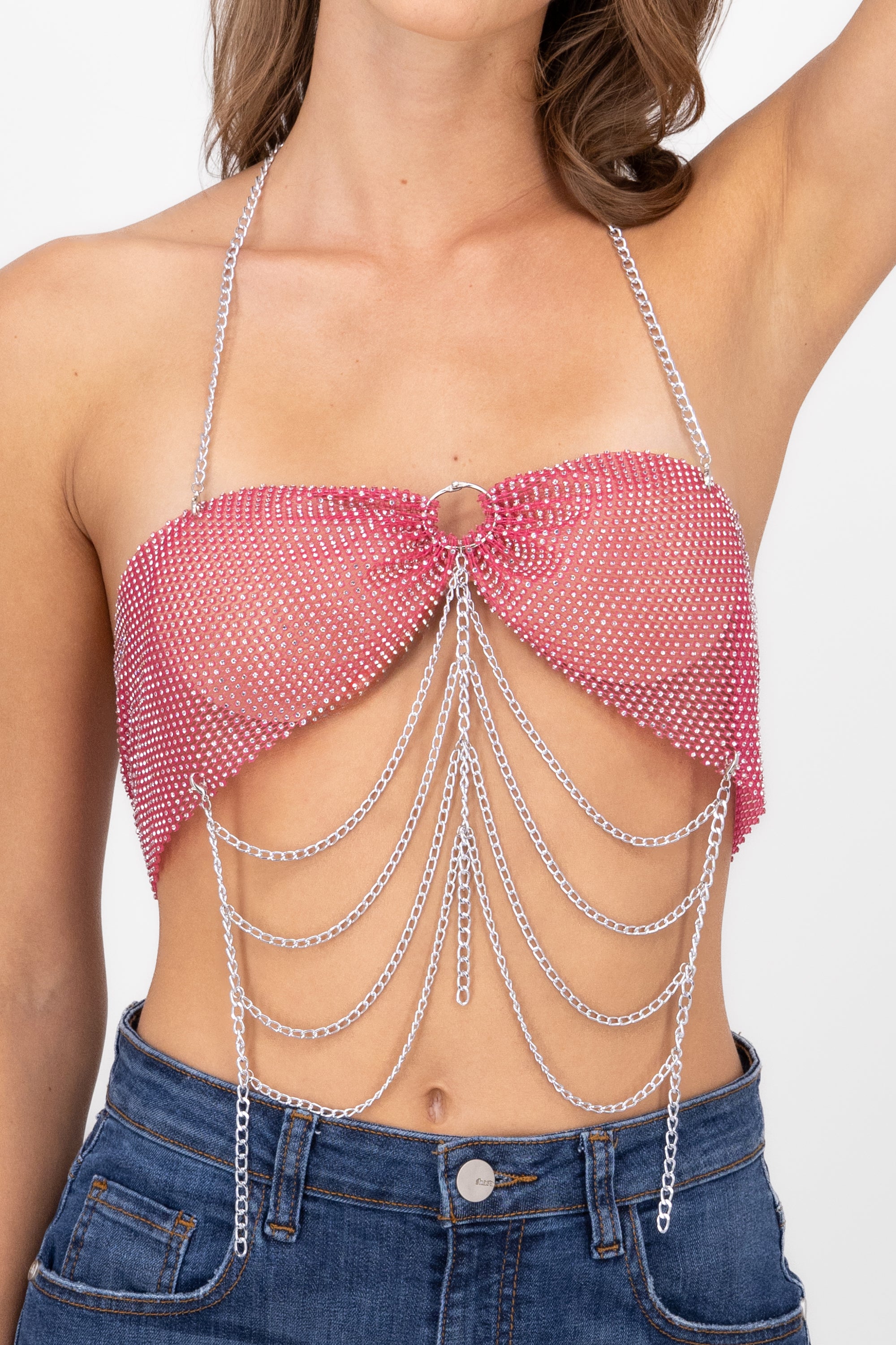 Top Halter Brillos Detalle Cadenas ROSA