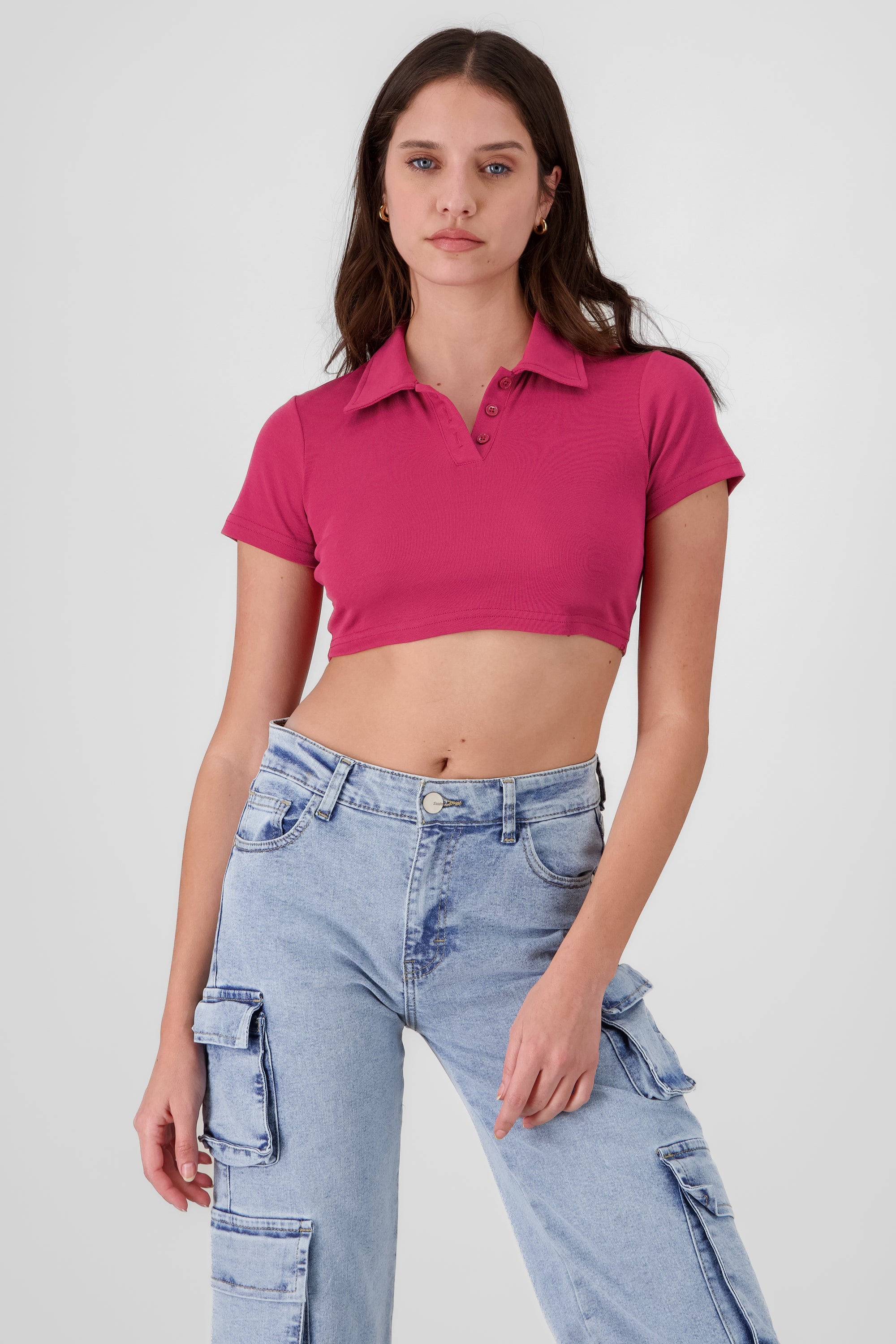 Top cuello polo liso ROJO CEREZA