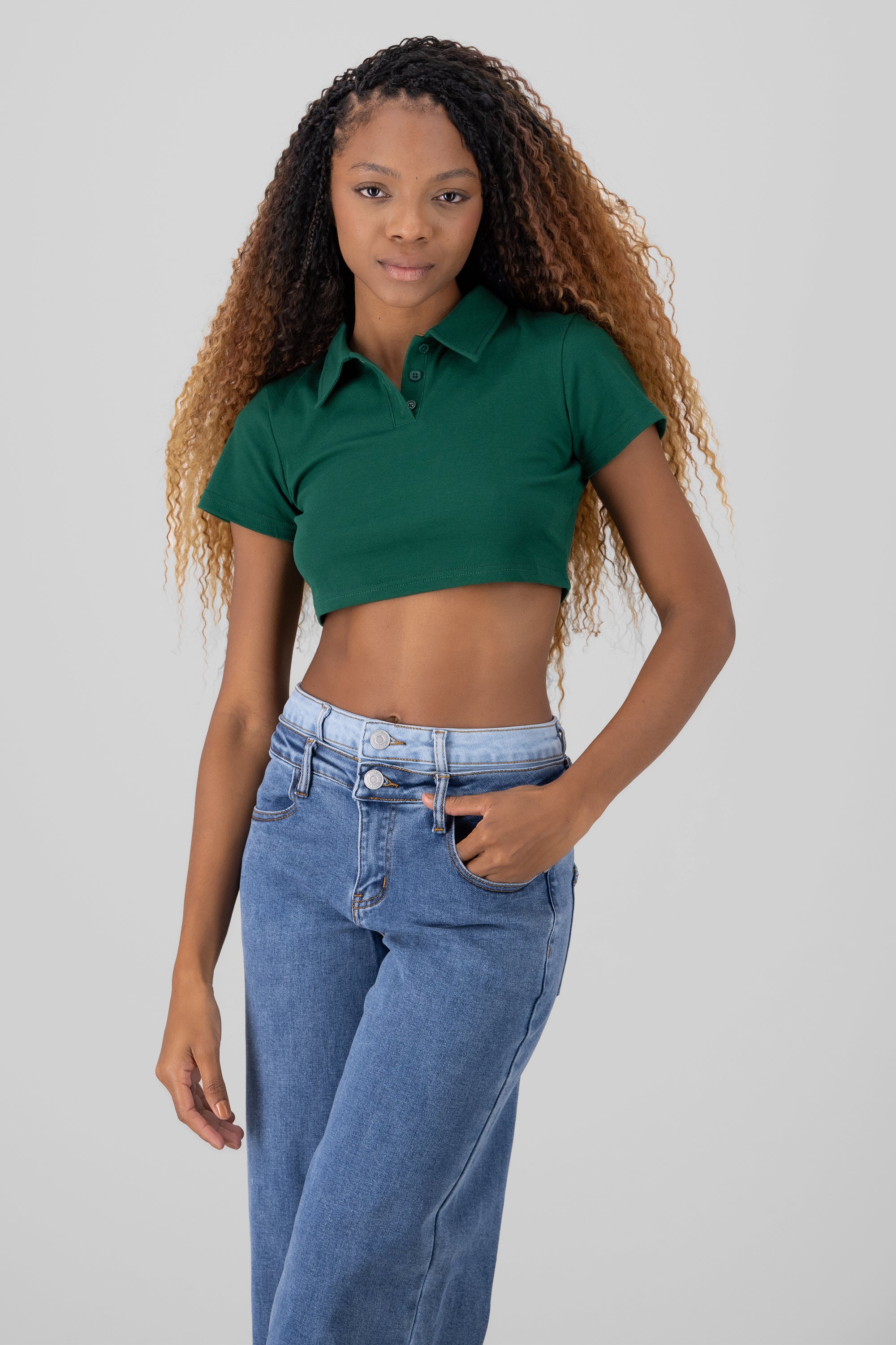 Top cuello polo liso VERDE CAZADOR