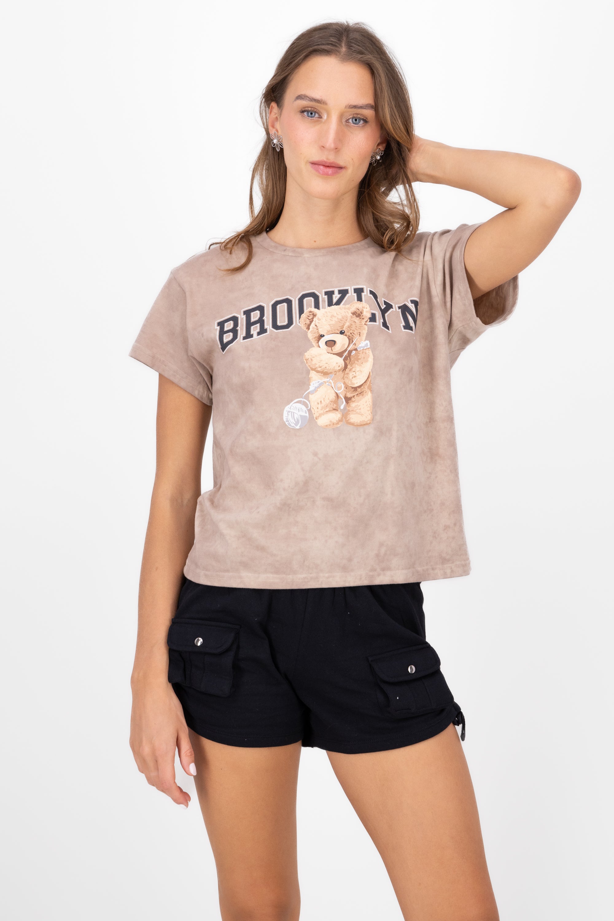 Playera Acid Wash Osito Brooklyn BEIGE