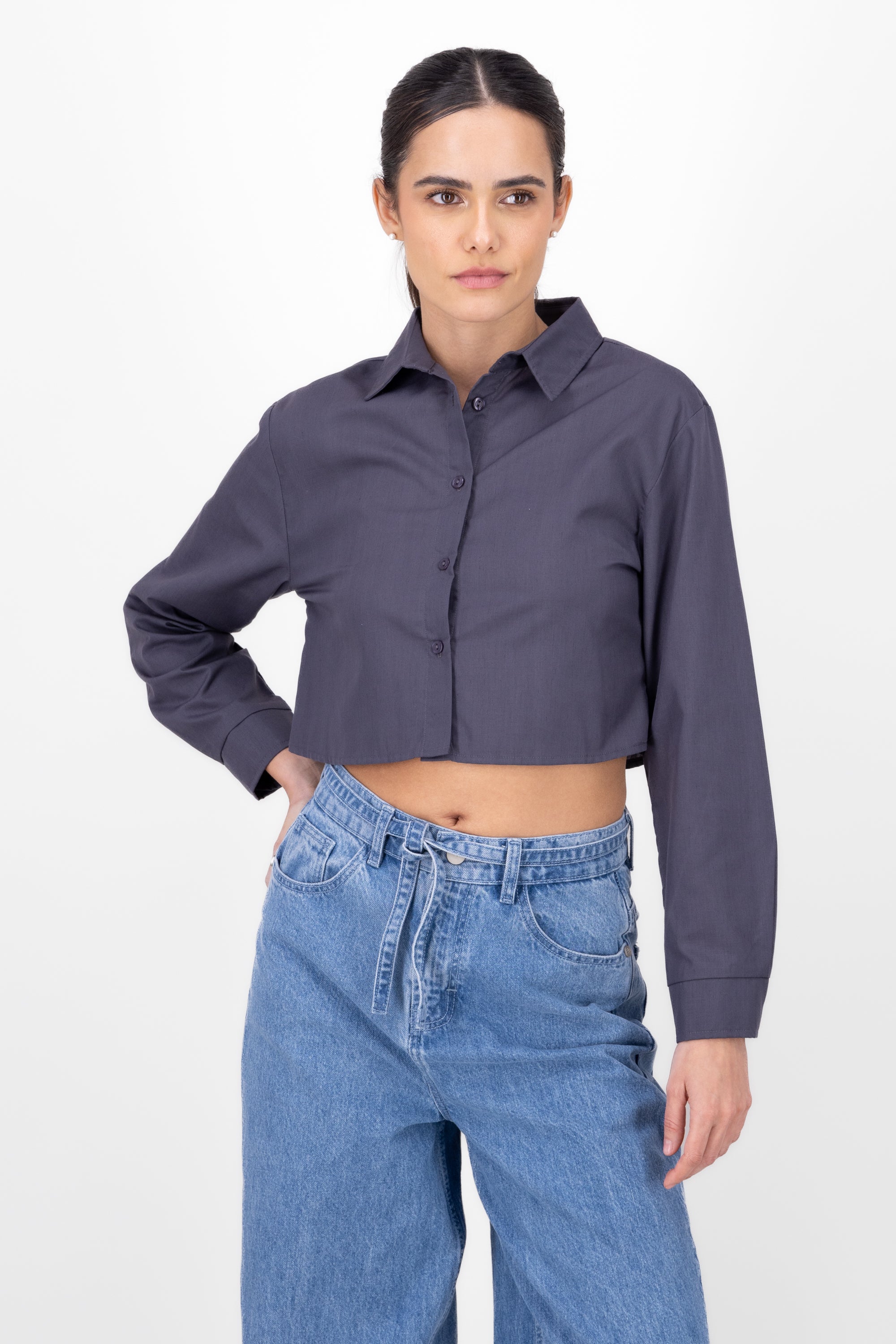 Camisa Crop Manga Larga GRIS OBSCURO