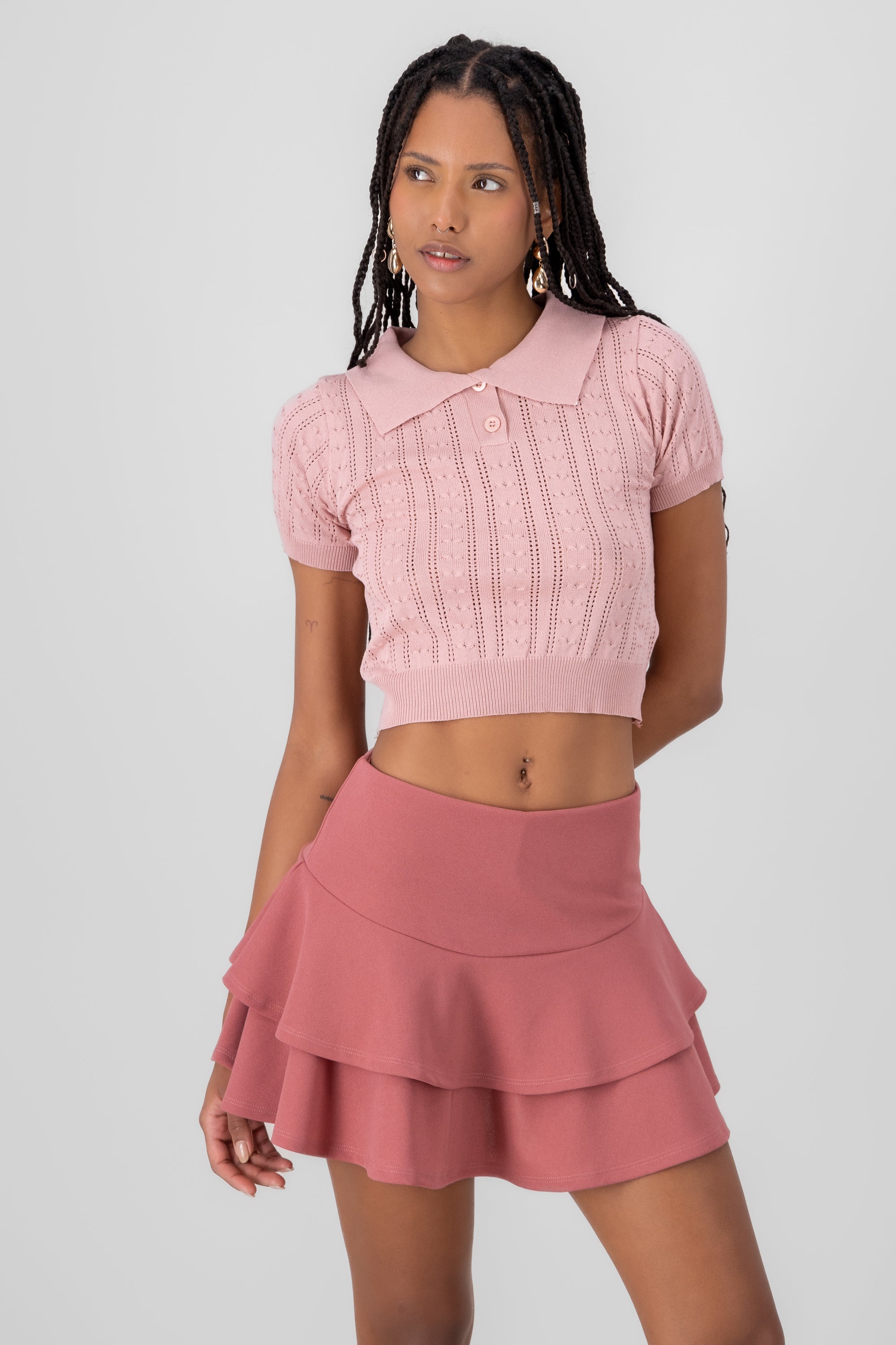 Top tejido cuello polo manga corta ROSA