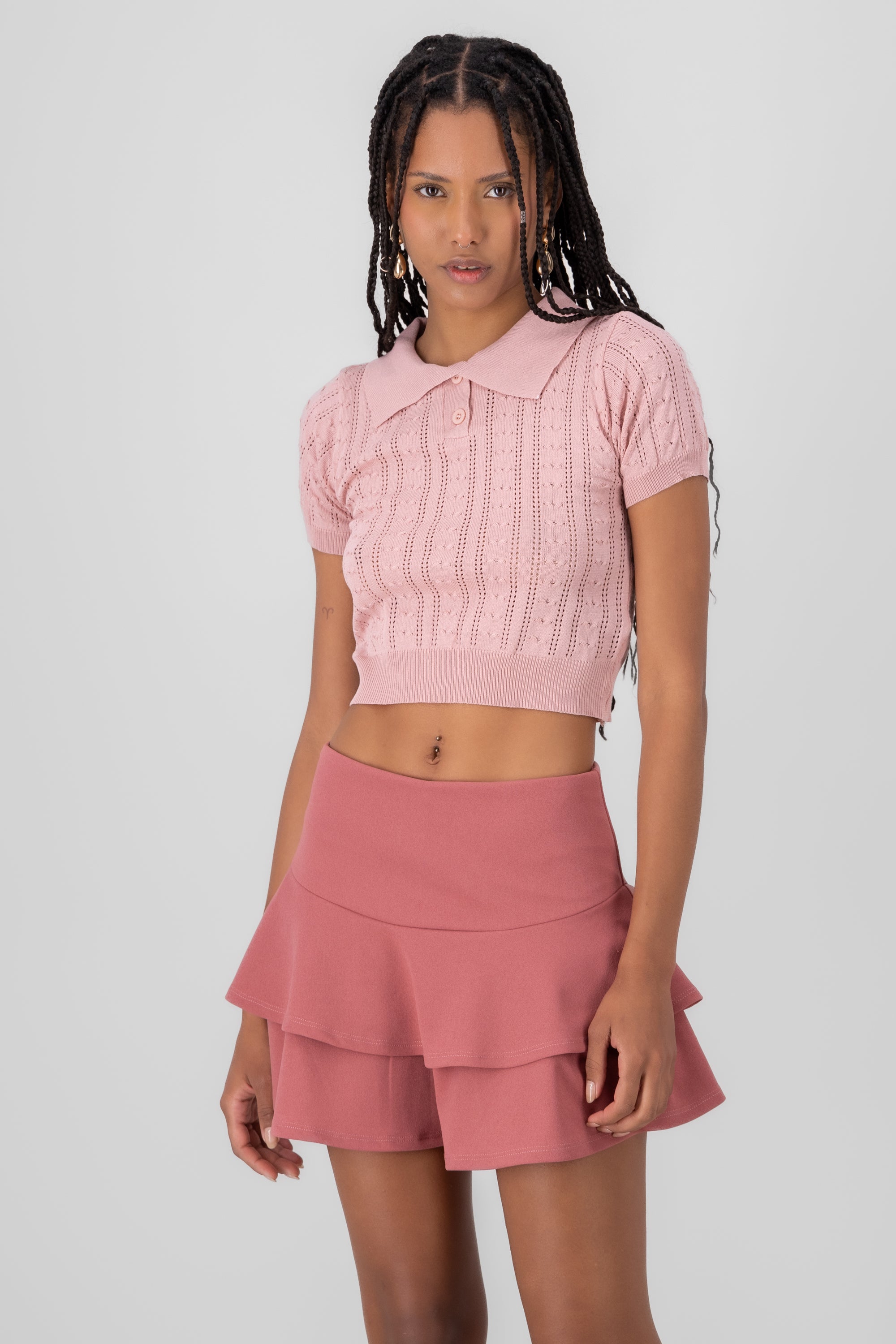 Top tejido cuello polo manga corta ROSA