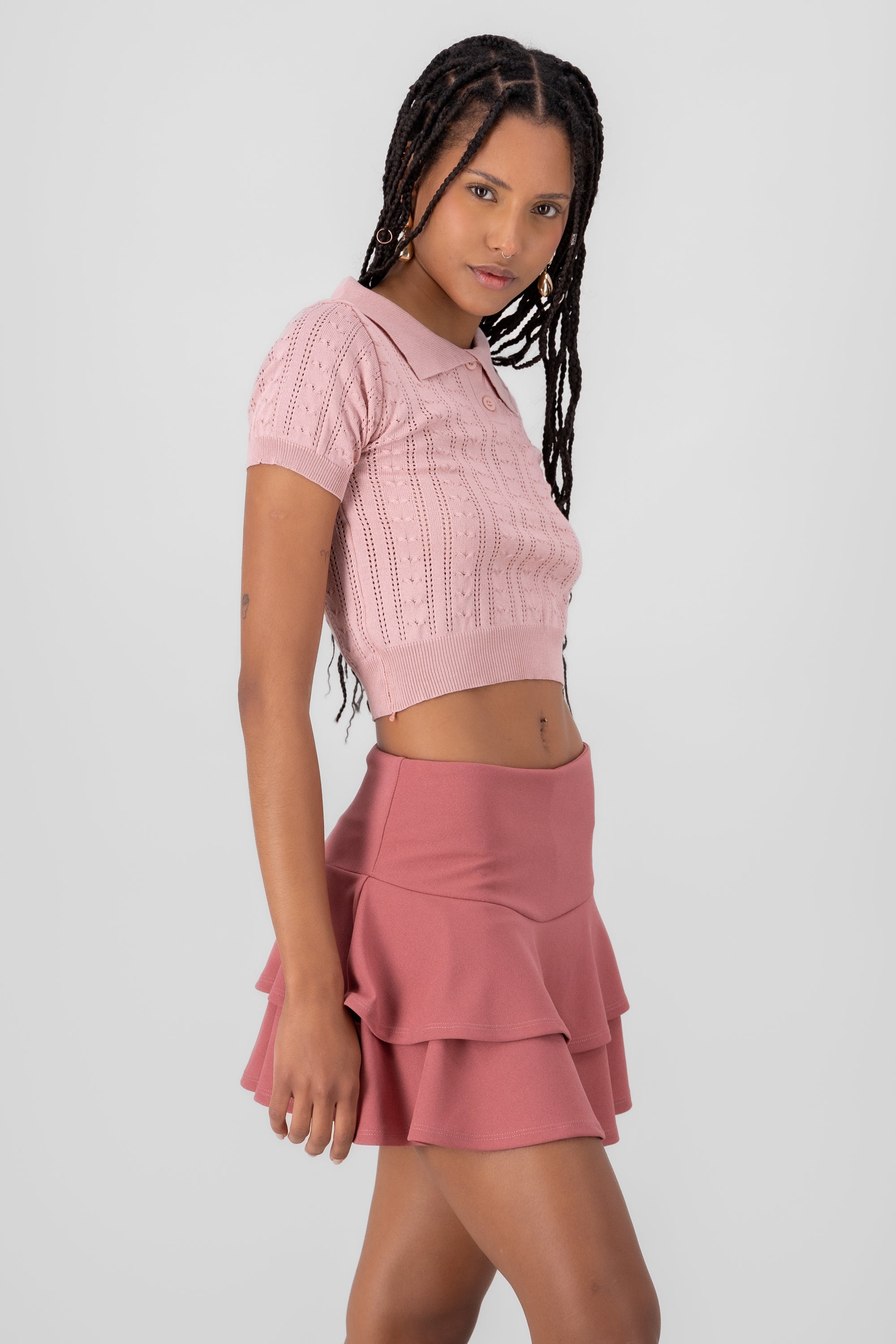 Top tejido cuello polo manga corta ROSA