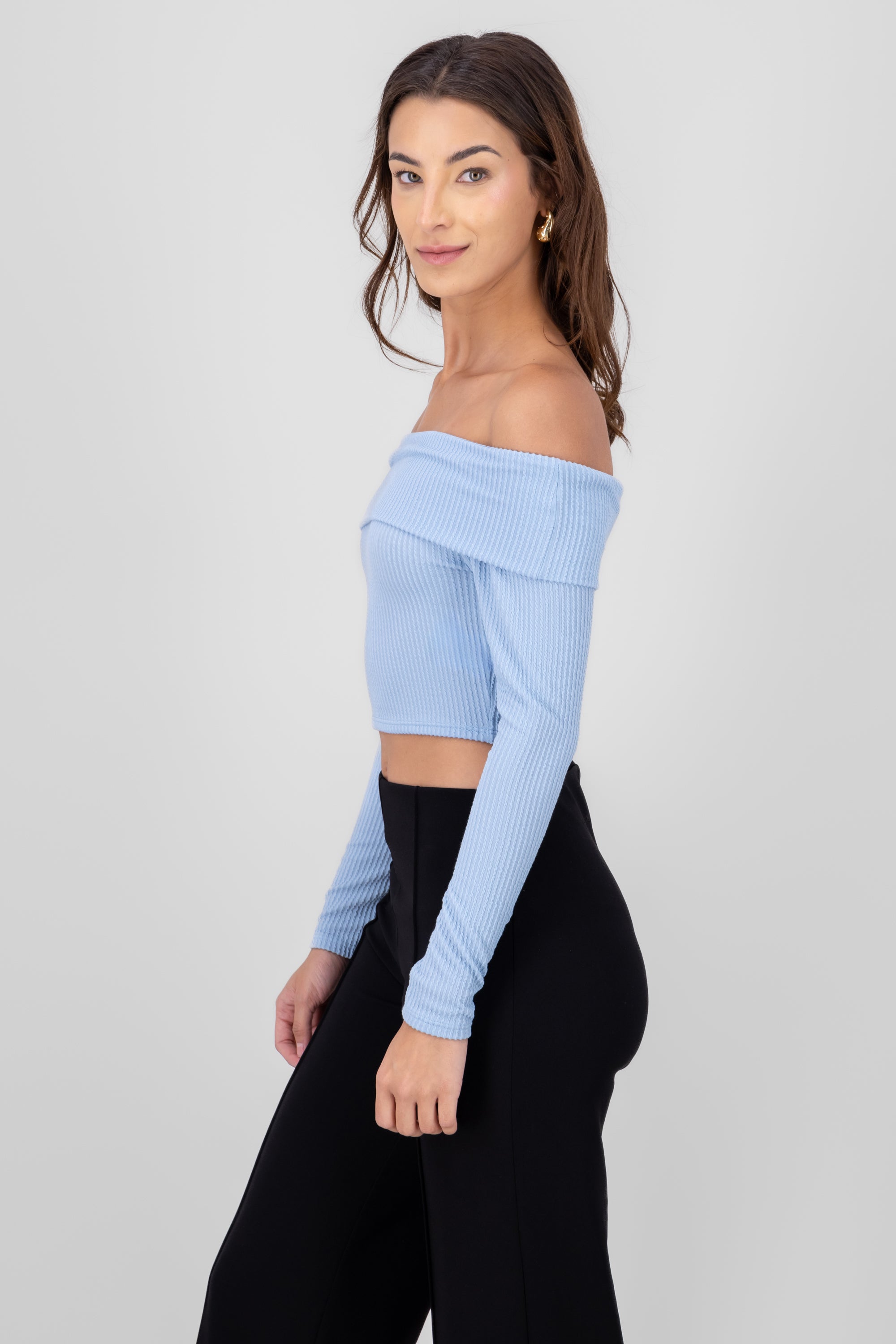 Top Sin Hombros Textura Rib AZUL CIELO