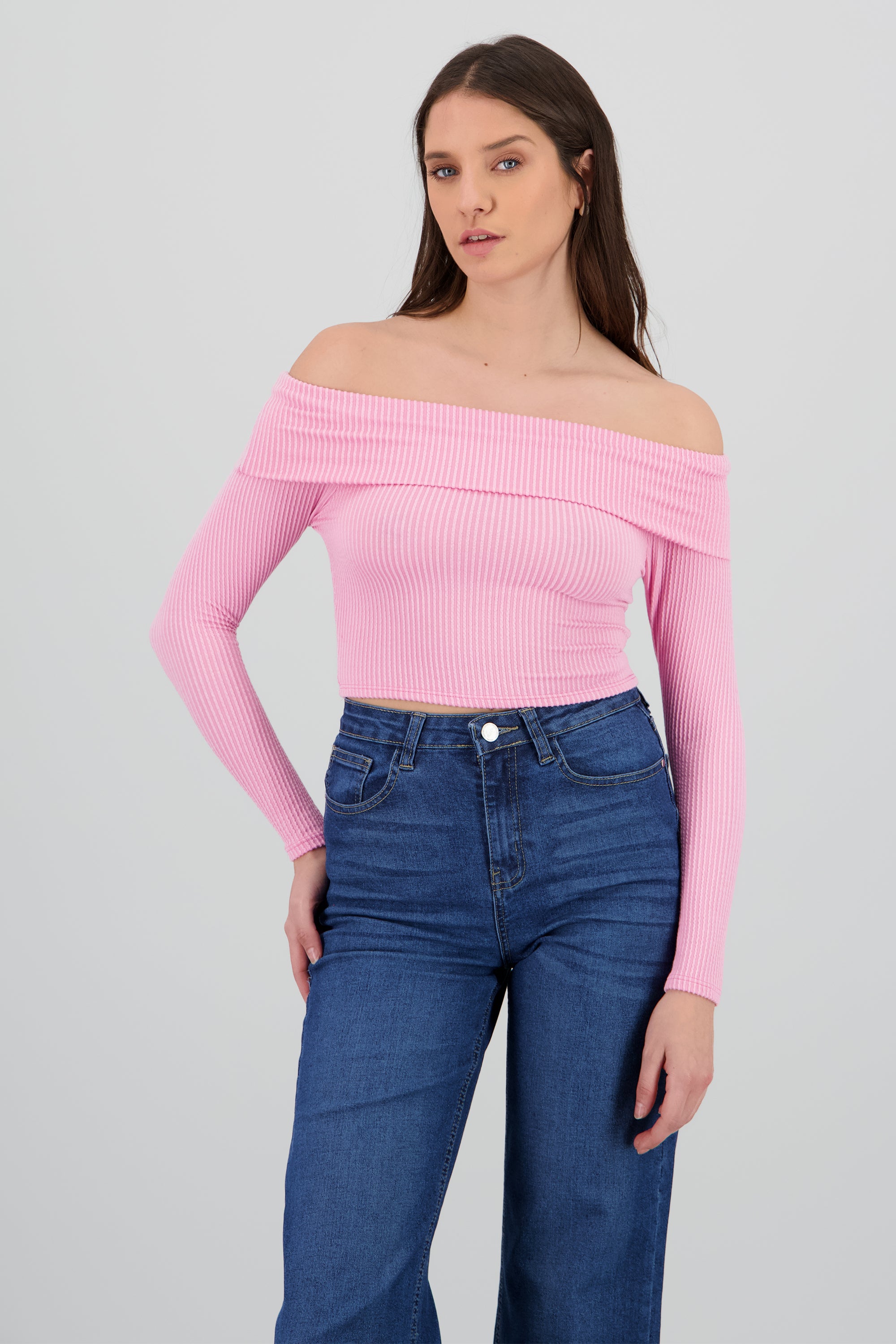 Top Sin Hombros Textura Rib ROSA PASTEL