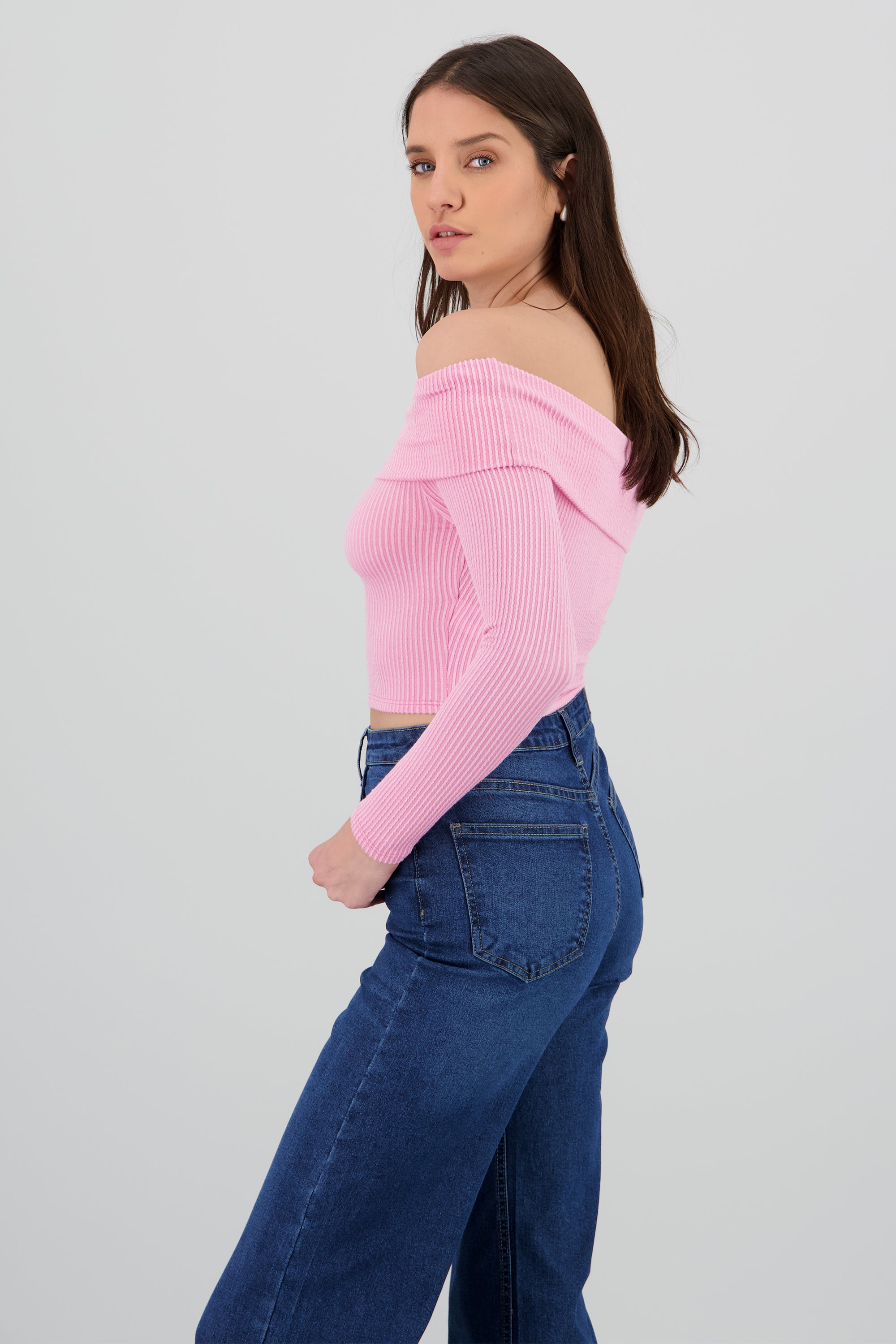 Top Sin Hombros Textura Rib ROSA PASTEL