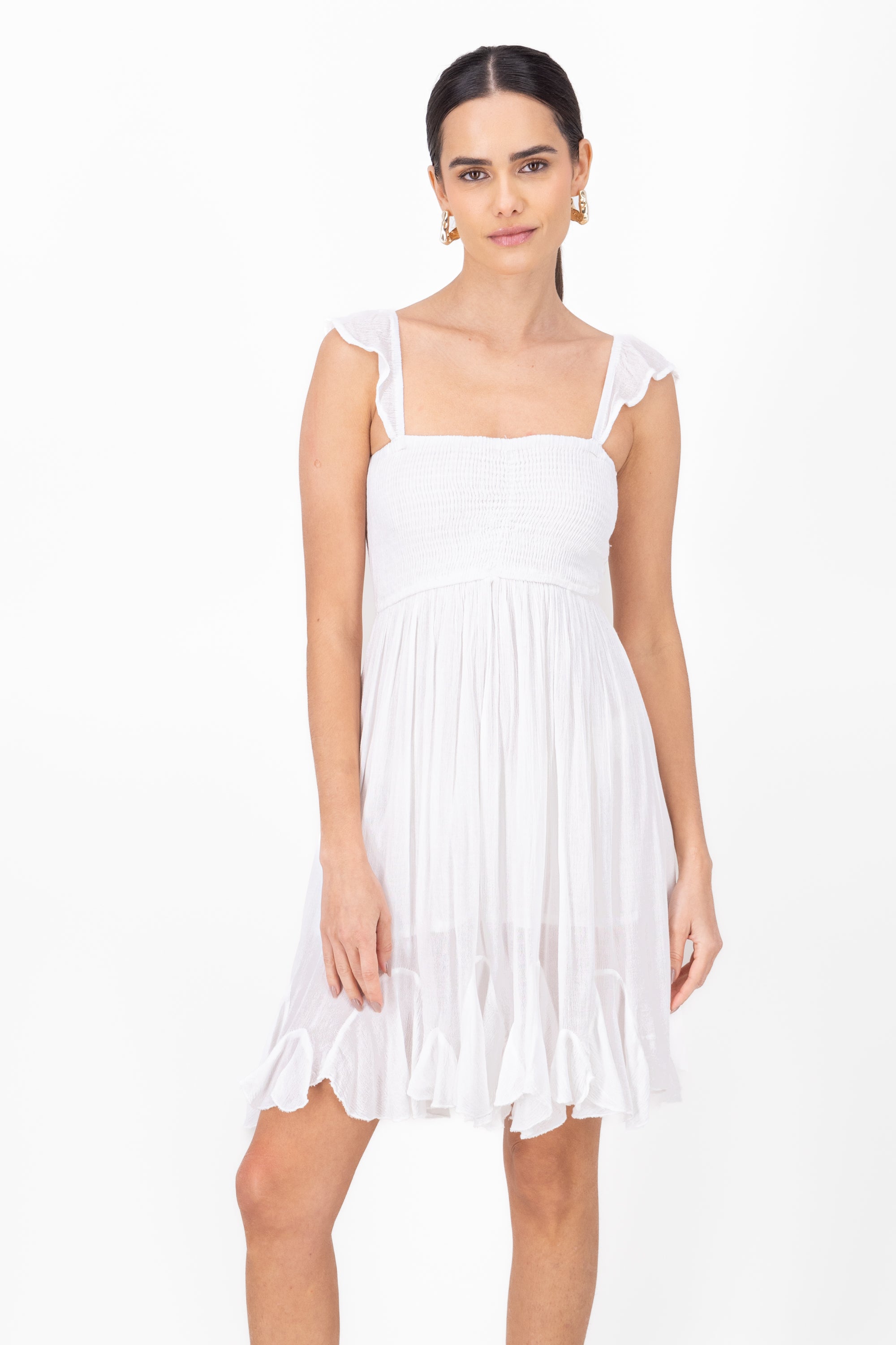 Vestido corto con manga olan liso BLANCO