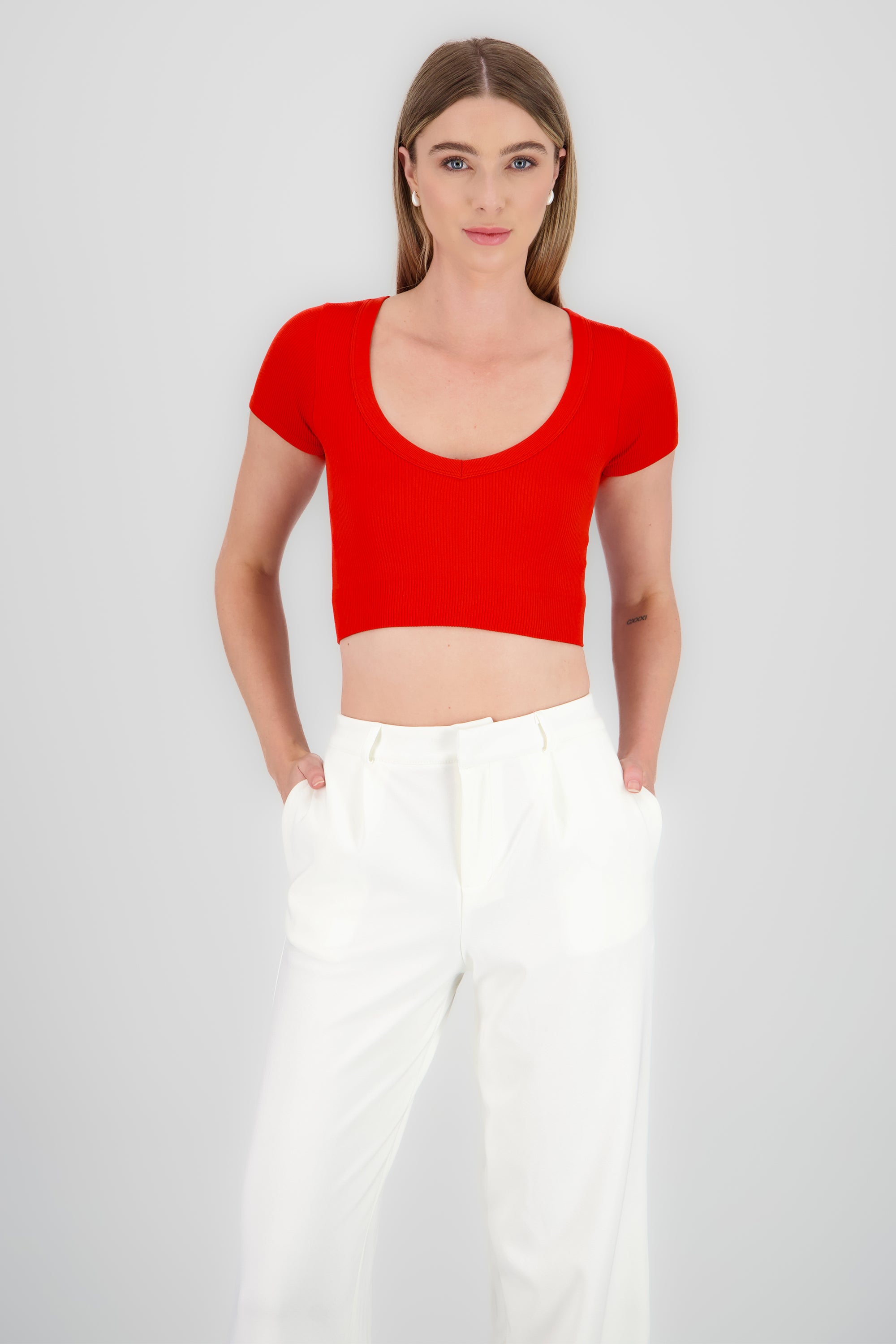 Top seamless de manga corta escotado NARANJA