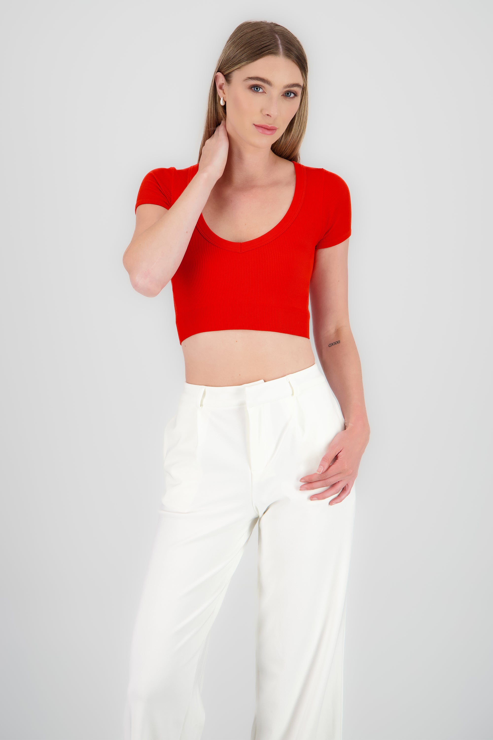 Top seamless de manga corta escotado NARANJA