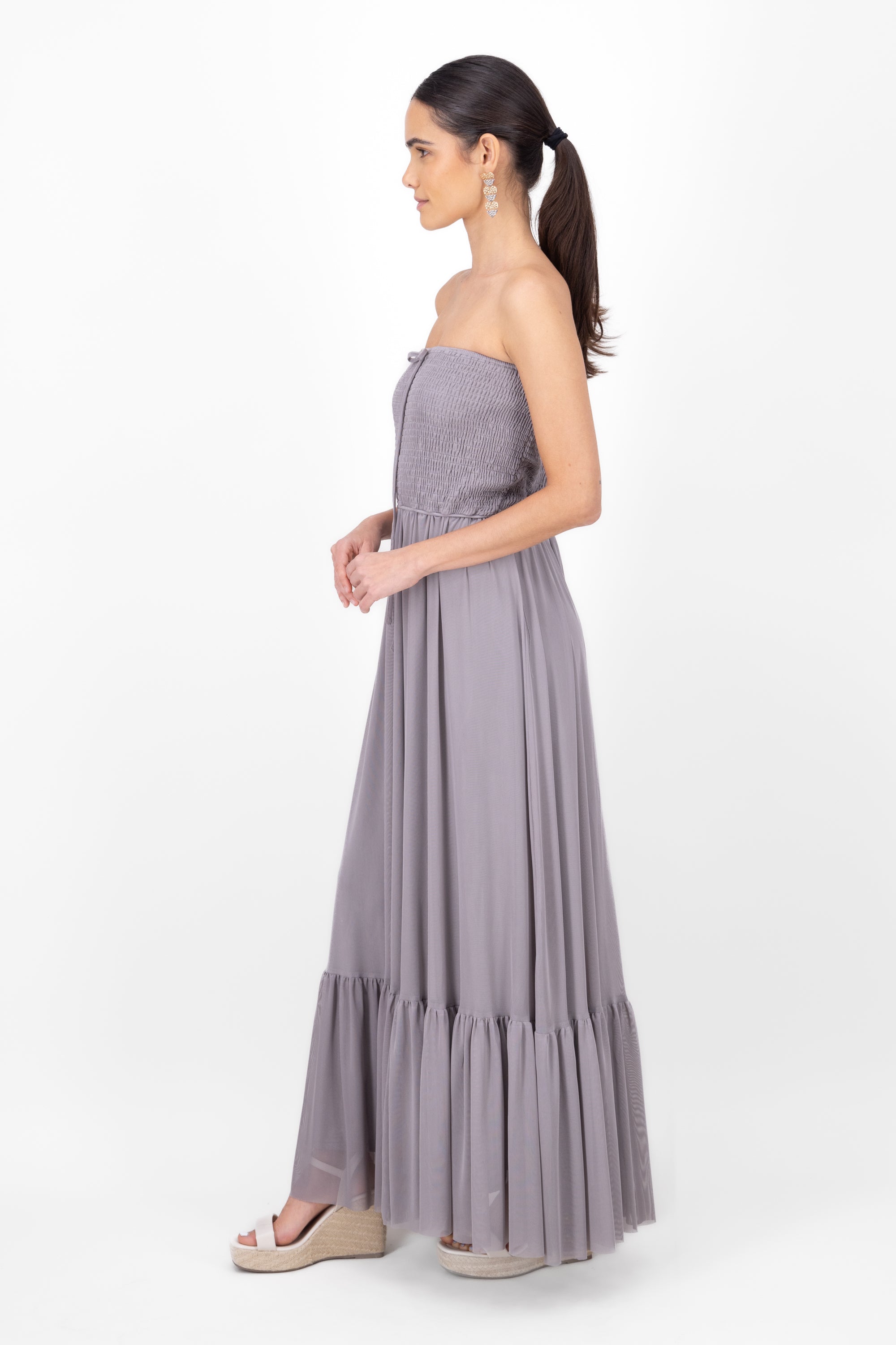 Maxi vestido strapless mesh GRIS