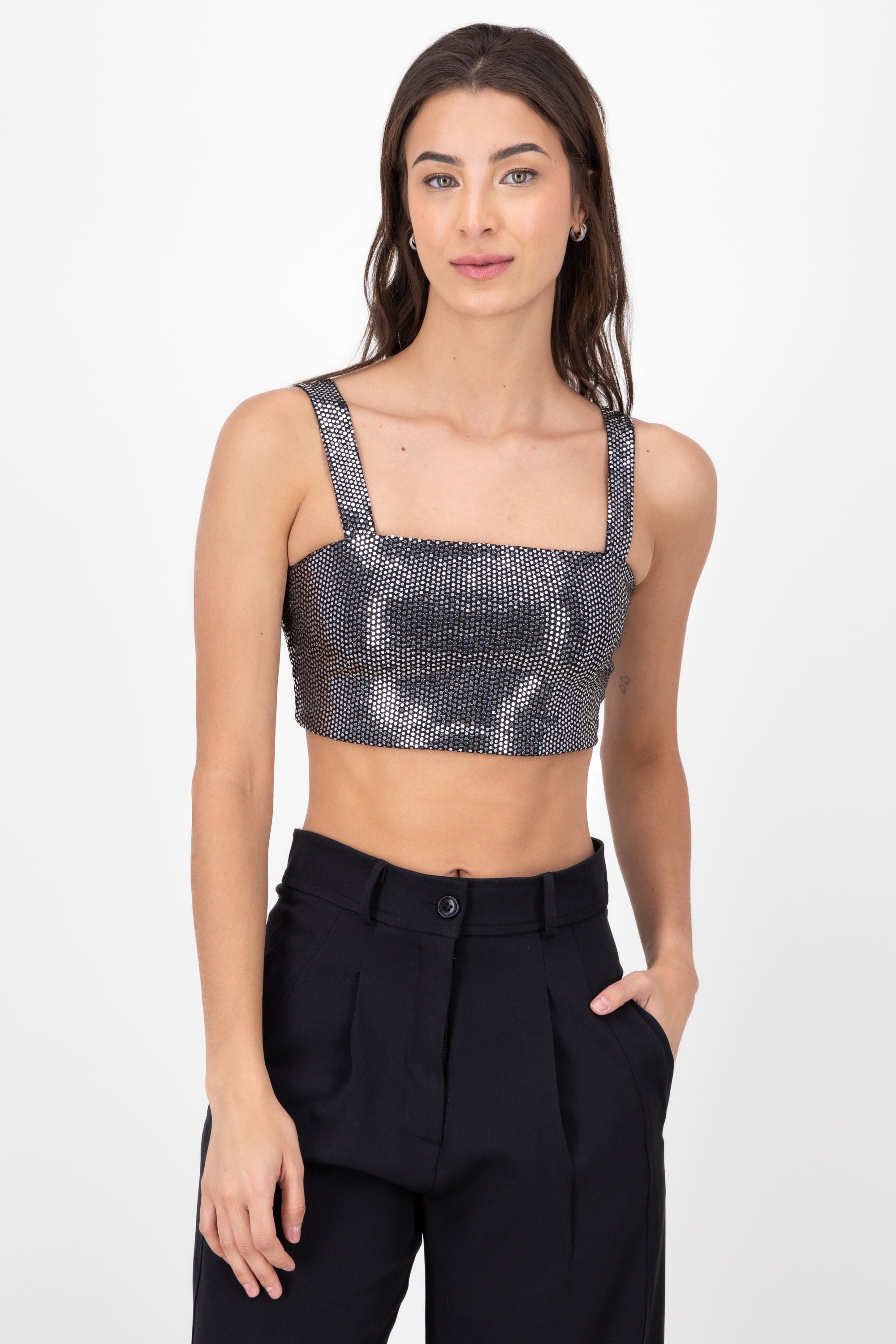 Top Crop Tirantes Brillos NEGRO COMBO