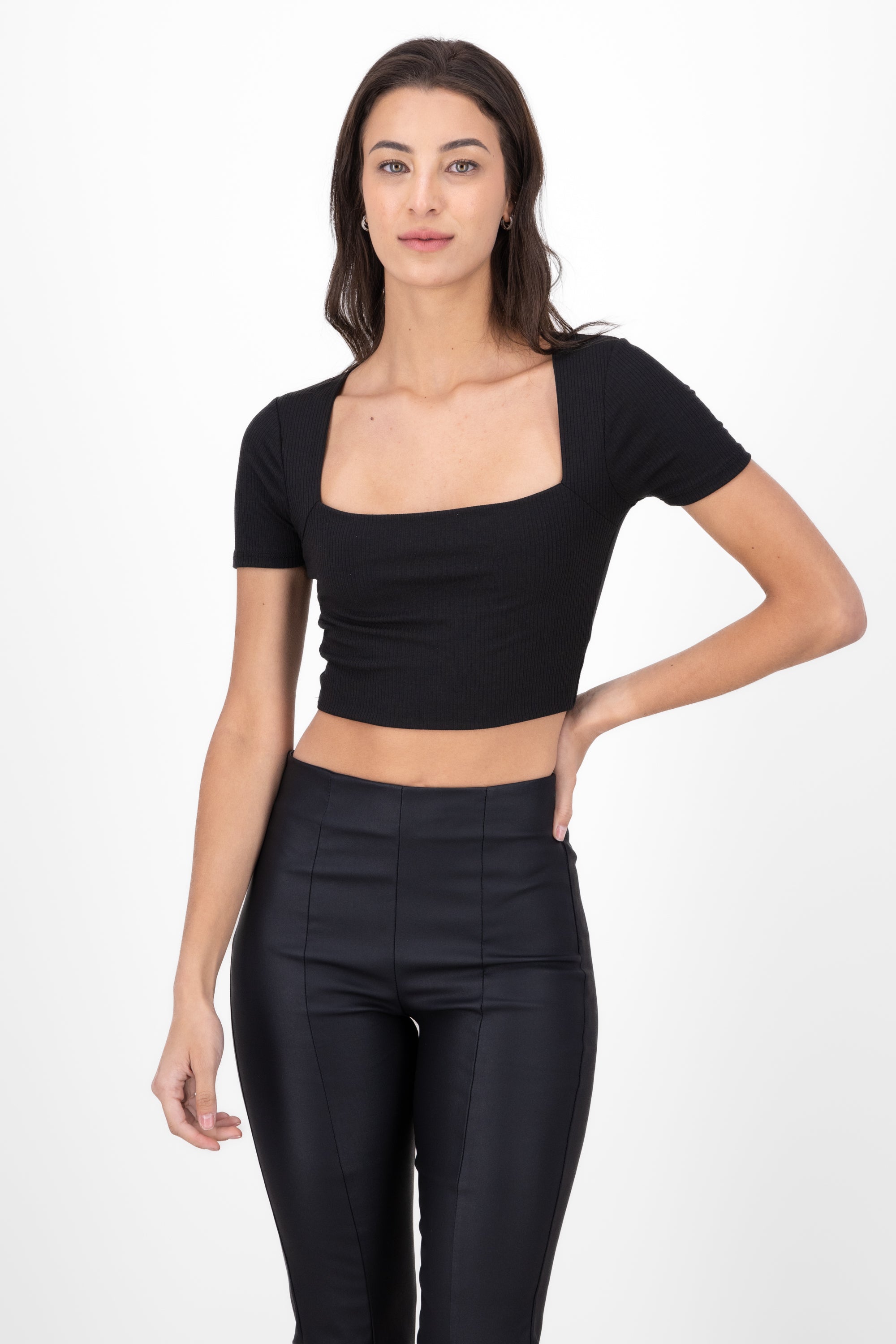 Top De Mnaga Corta De Rib Cropped NEGRO