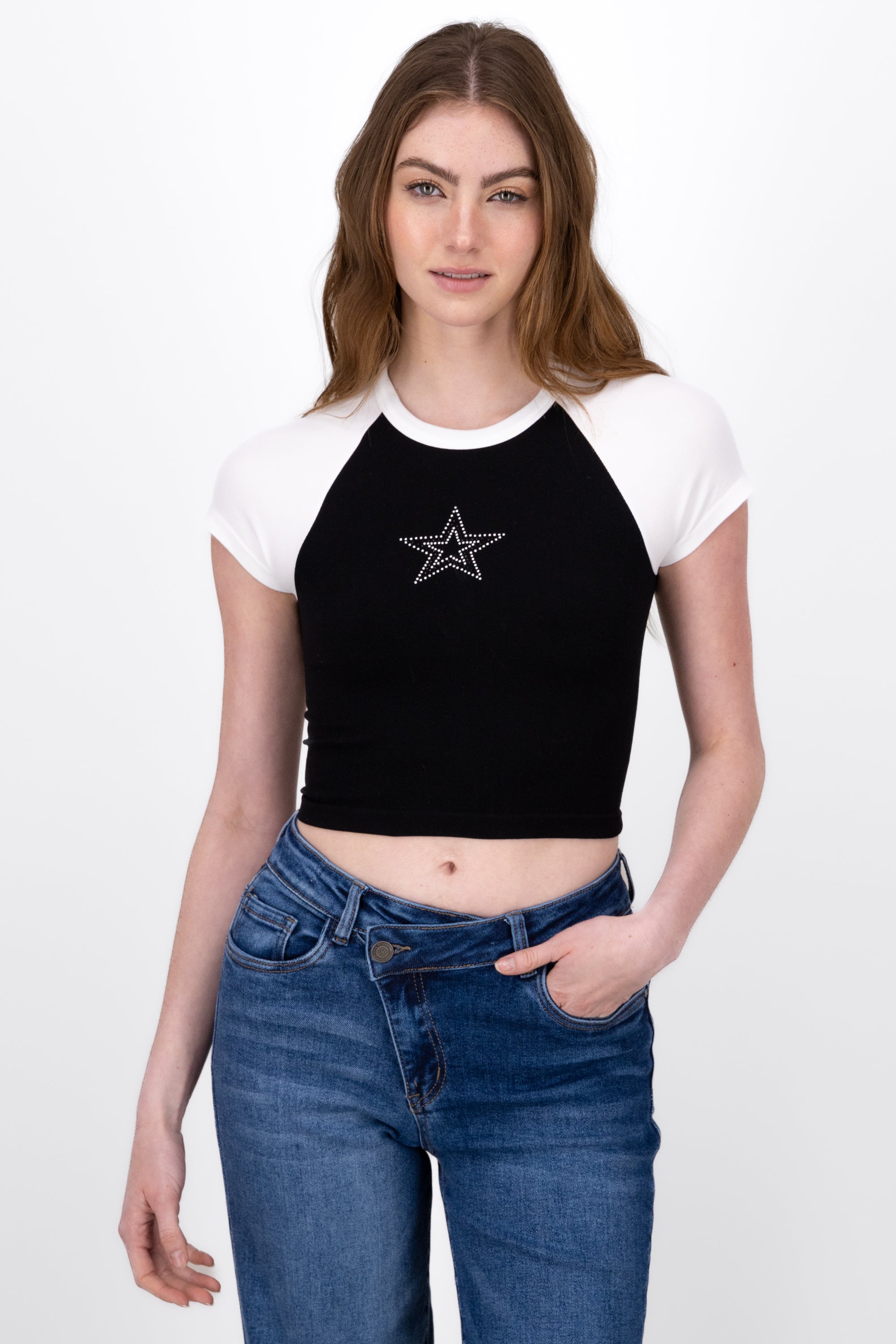 Top Crop Estrella De Brillos Mangas Cortas NEGRO