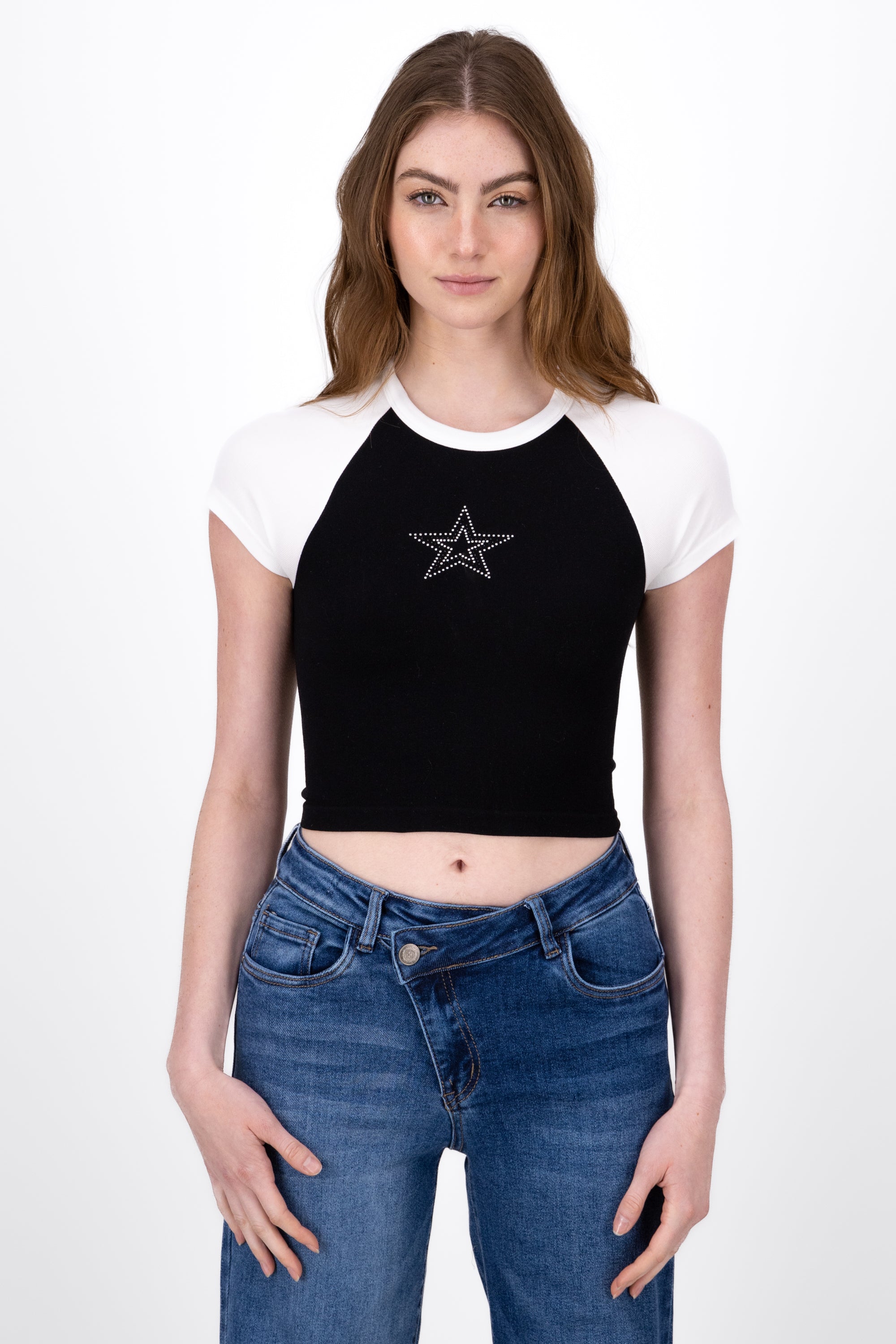 Top Crop Estrella De Brillos Mangas Cortas NEGRO