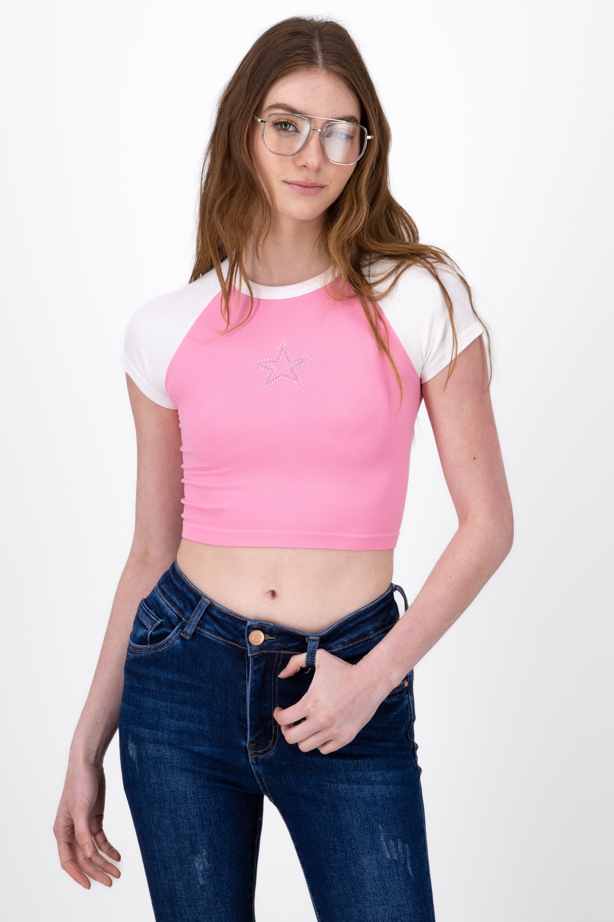 Top Crop Estrella De Brillos Mangas Cortas ROSA