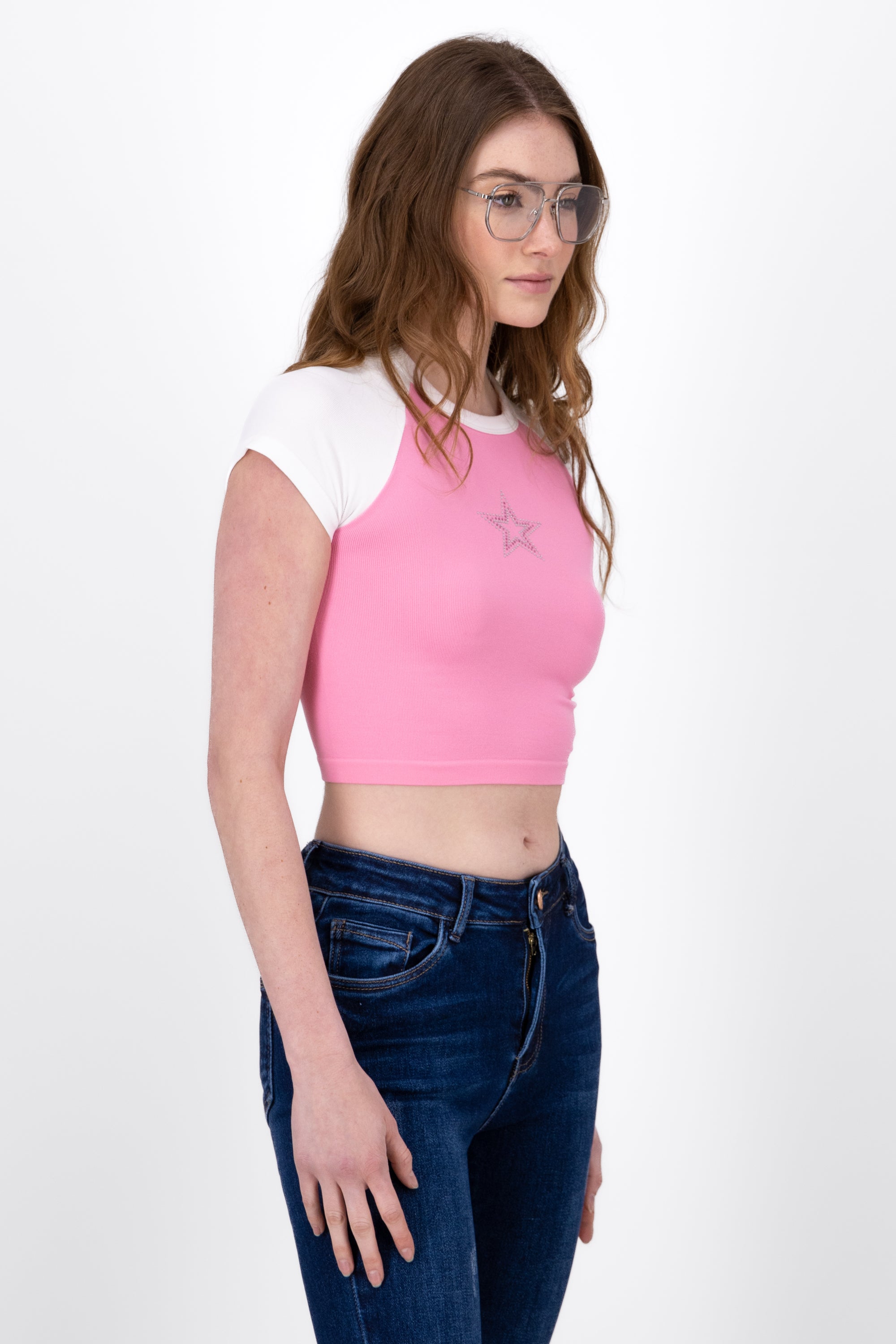 Top Crop Estrella De Brillos Mangas Cortas ROSA