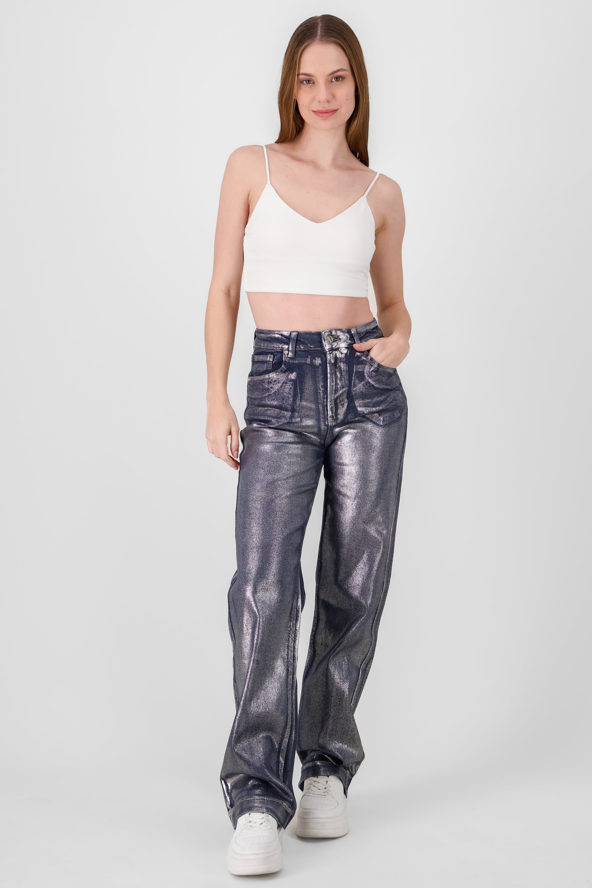 Jeans straight foil con dobladillo PLATA