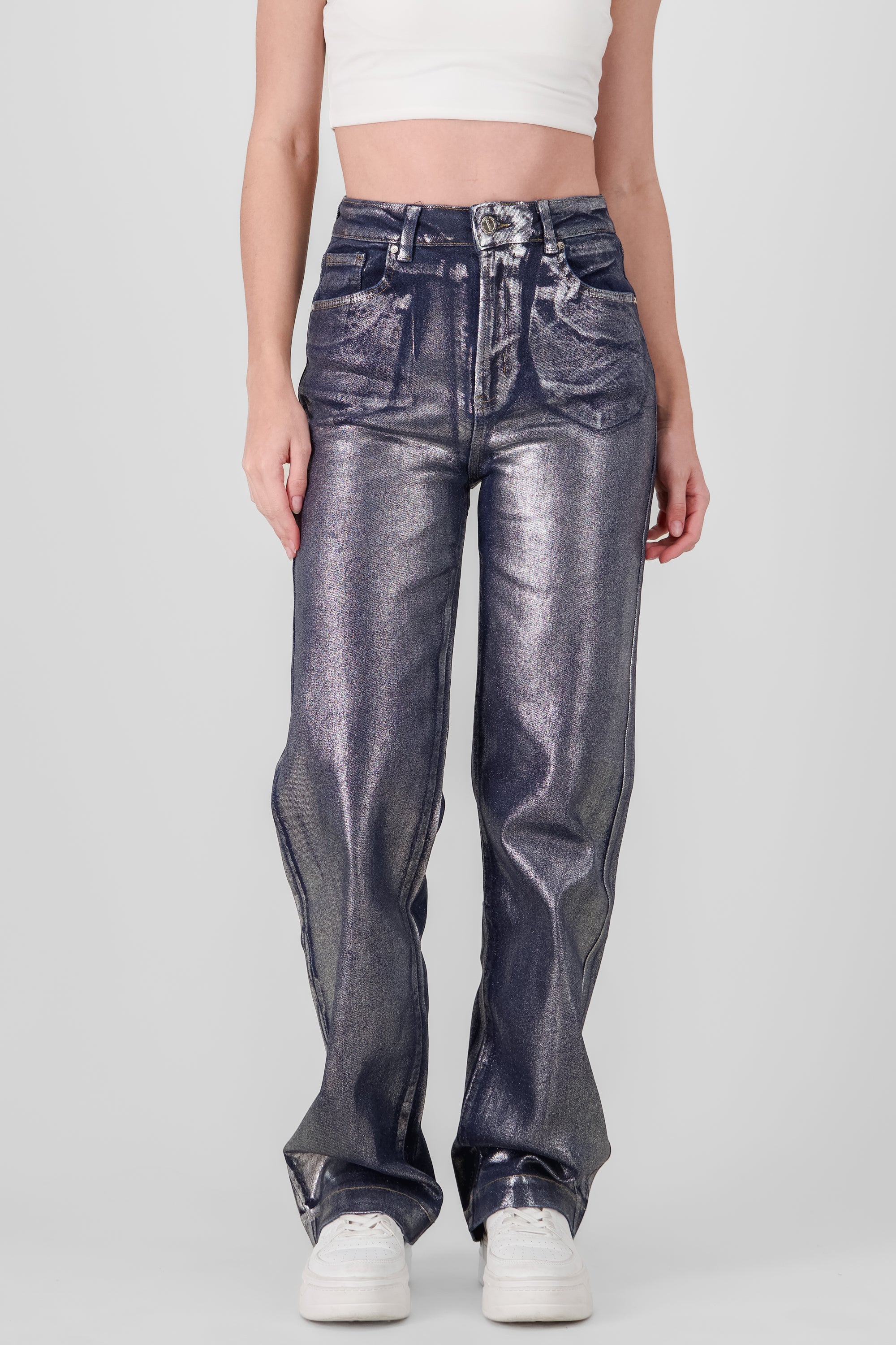 Jeans straight foil con dobladillo PLATA