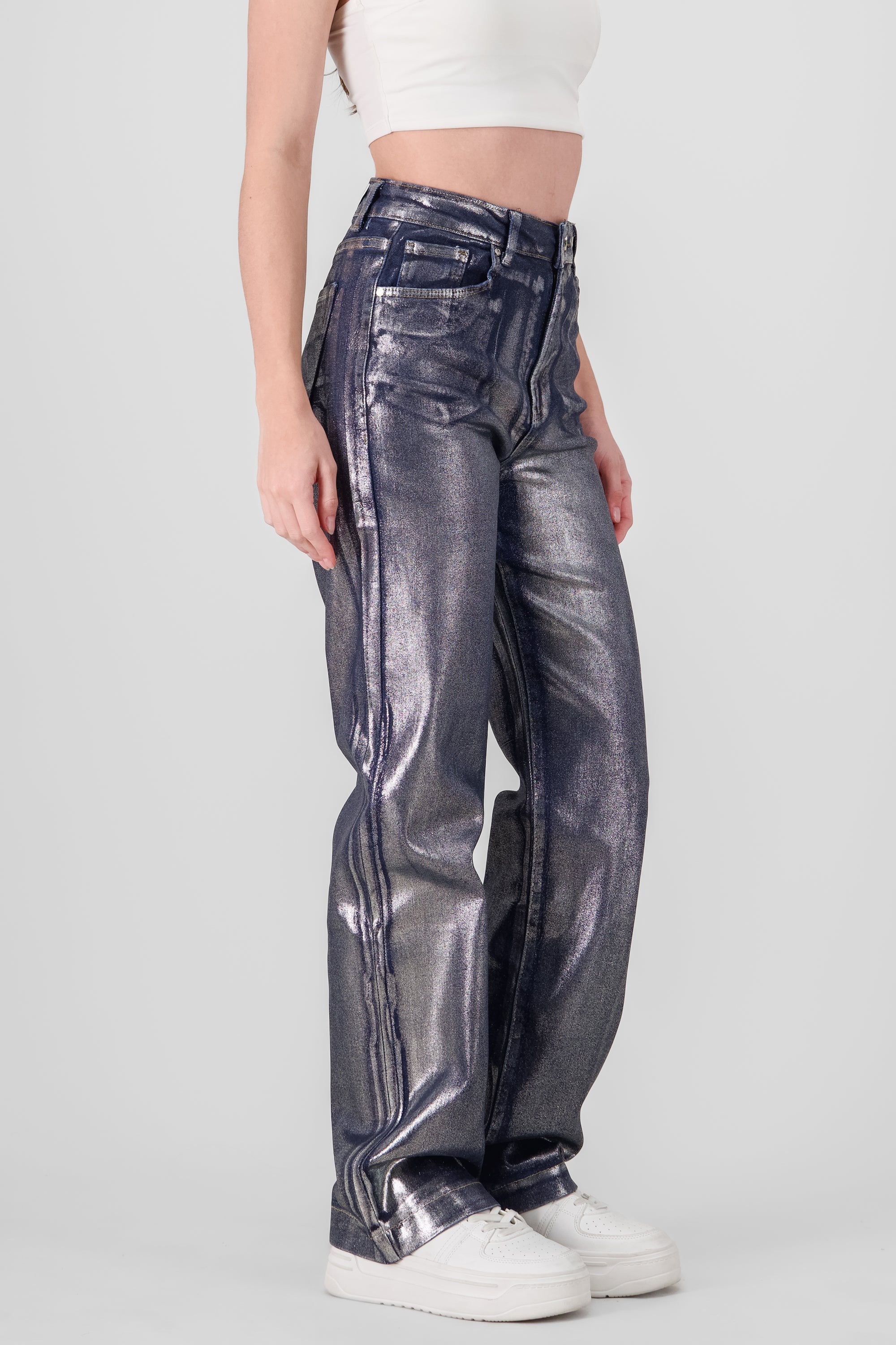 Jeans straight foil con dobladillo PLATA