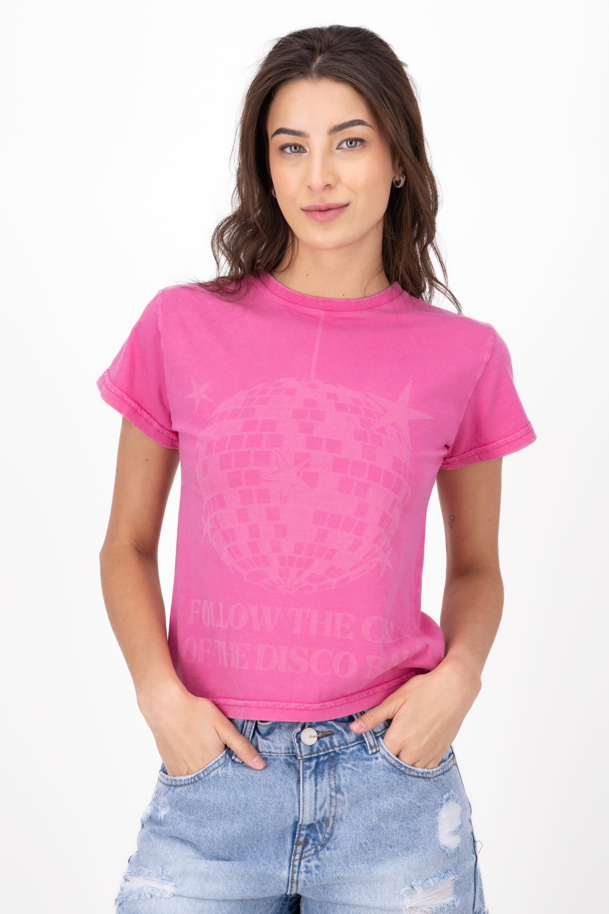 Playera manga corta bola disco ROSA